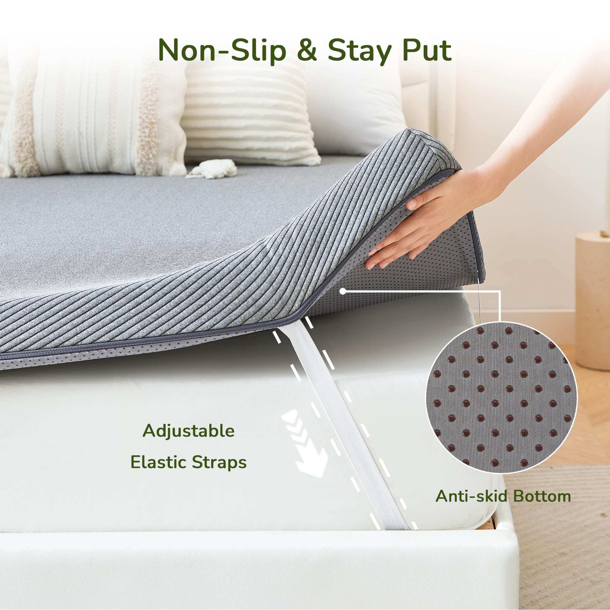 Cubrecolchón de espuma viscoelástica de 3 pulgadas, cubrecolchón matrimonial, diseño antideslizante con funda extraíble y lavable, cubrecolchón para aliviar la presión del dolor de espalda