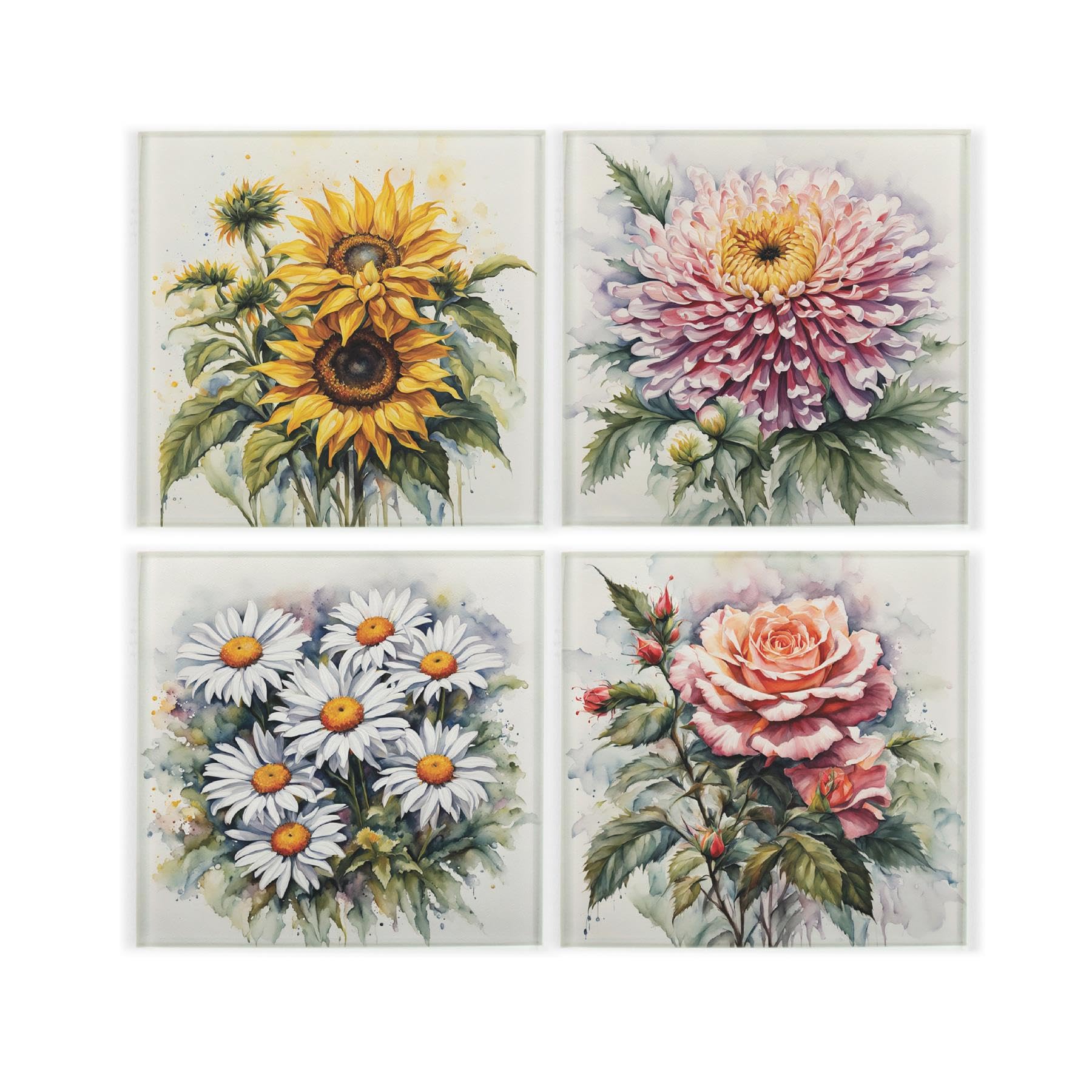 Watercolour Floral Glass Coaster Set - Daisies Sunflowers Roses Flower Gifts Set of Four (4) Square Drinks Coasters