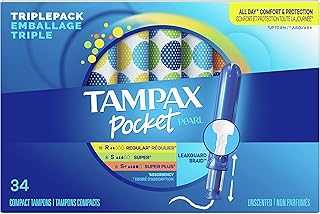 Tampax Pocket Pearl Compact Tampons, Trio Pack, Regular/Super/Super Plus Absorbency with BPA-Free Plastic Applicator and LeakGuard Braid, Unscented, 34 Count