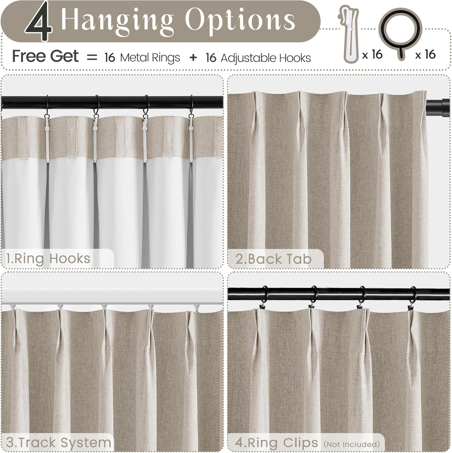 UHITECH 35 Inch Curtains Blackout Linen Cream for Bedroom Living Room Darkening Drapes Pinch Pleated Thermal Insulated Boho Black Out Curtains Sets for Windows 40 Inches Wide