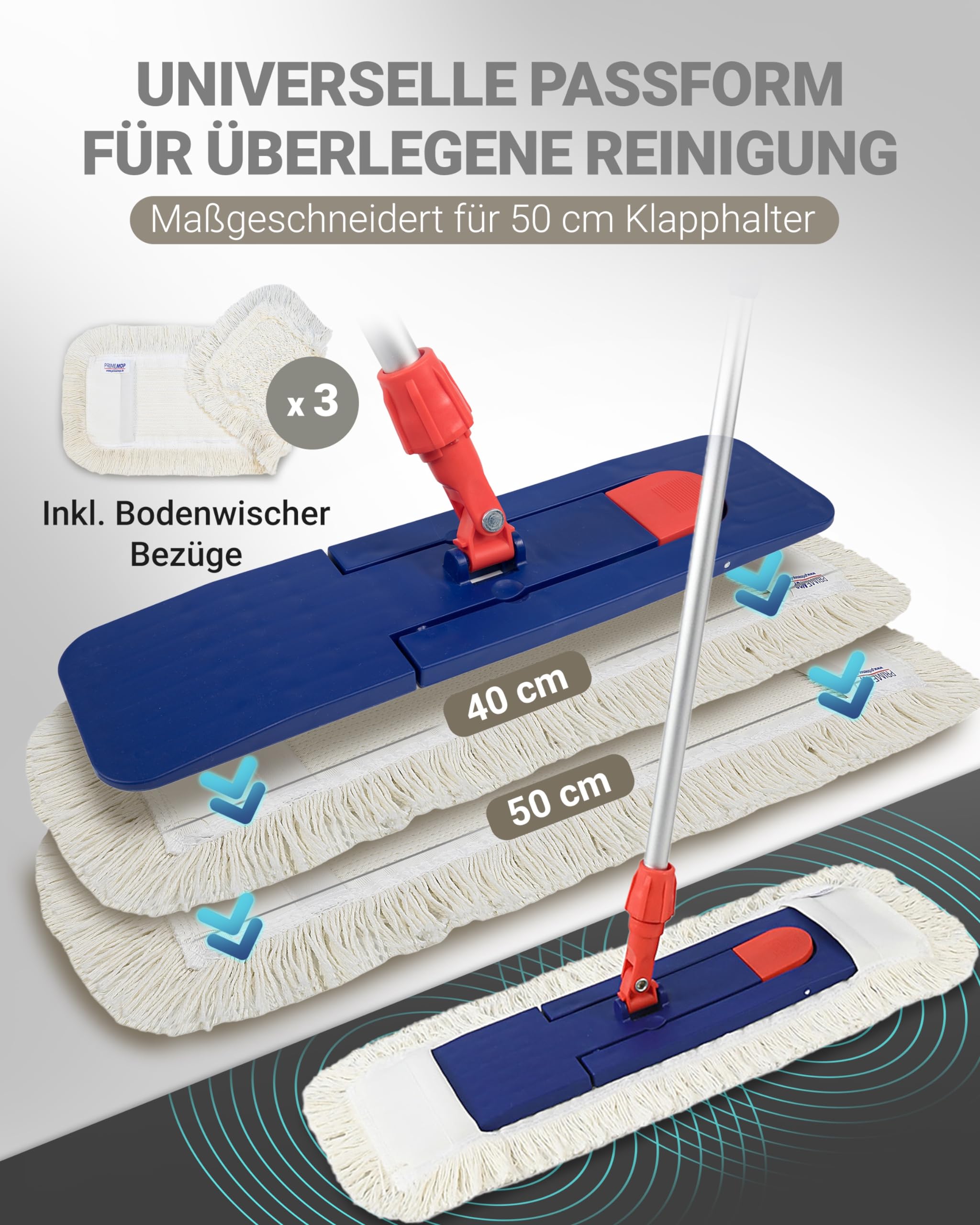 6 in 1 Profi Baumwolle Bodenwischer Set – Putzmittel in Industriequalität – Mop Set 50cm – Inklusive ALKO Blitz Glanzreiniger – Wischer Set