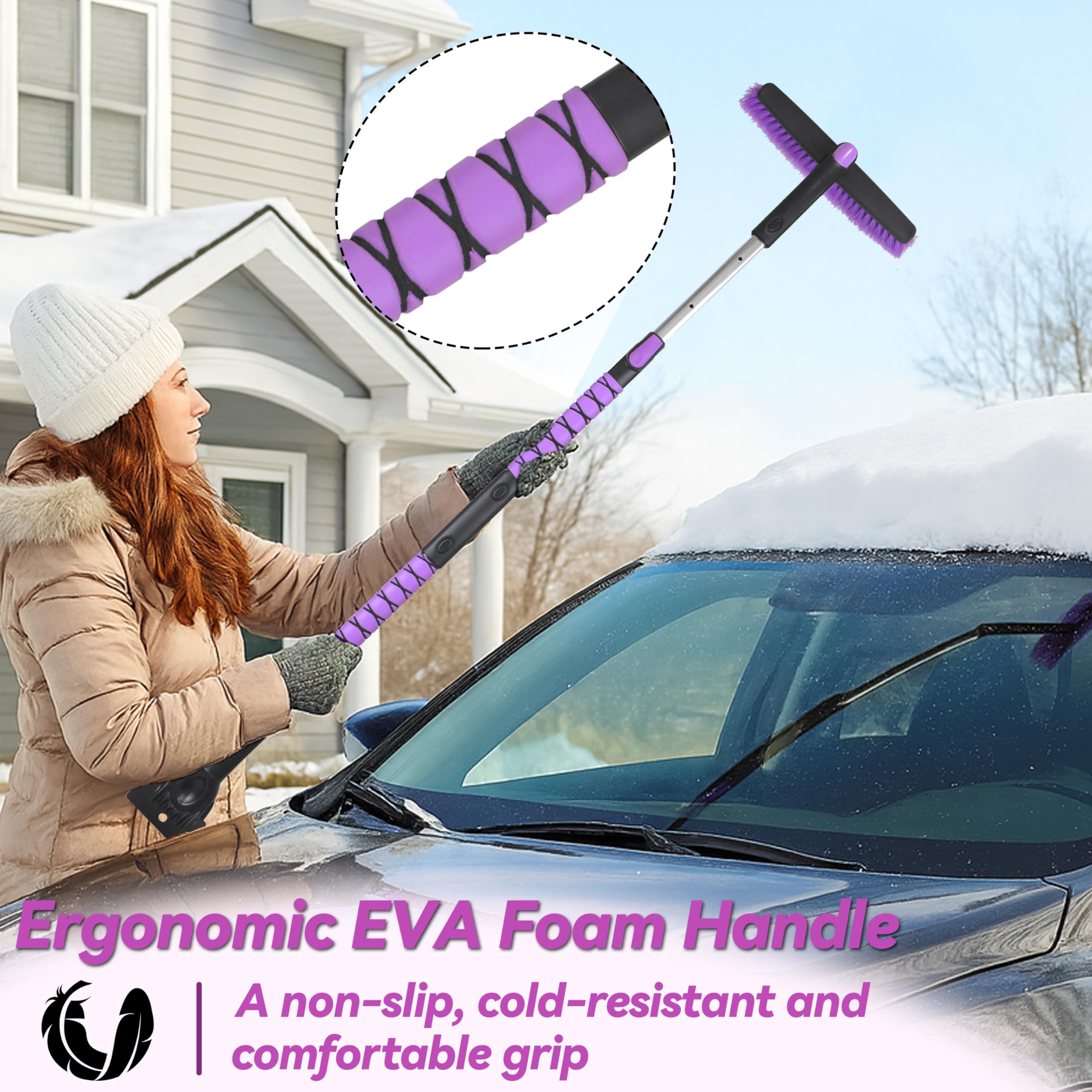 Gardzen Paquete de 2 cepillos de nieve extensibles de 57 pulgadas con raspador de hielo para parabrisas de automóvil, removedor de nieve de cabeza giratoria 2 en 1 para SUV, camión y automóvil