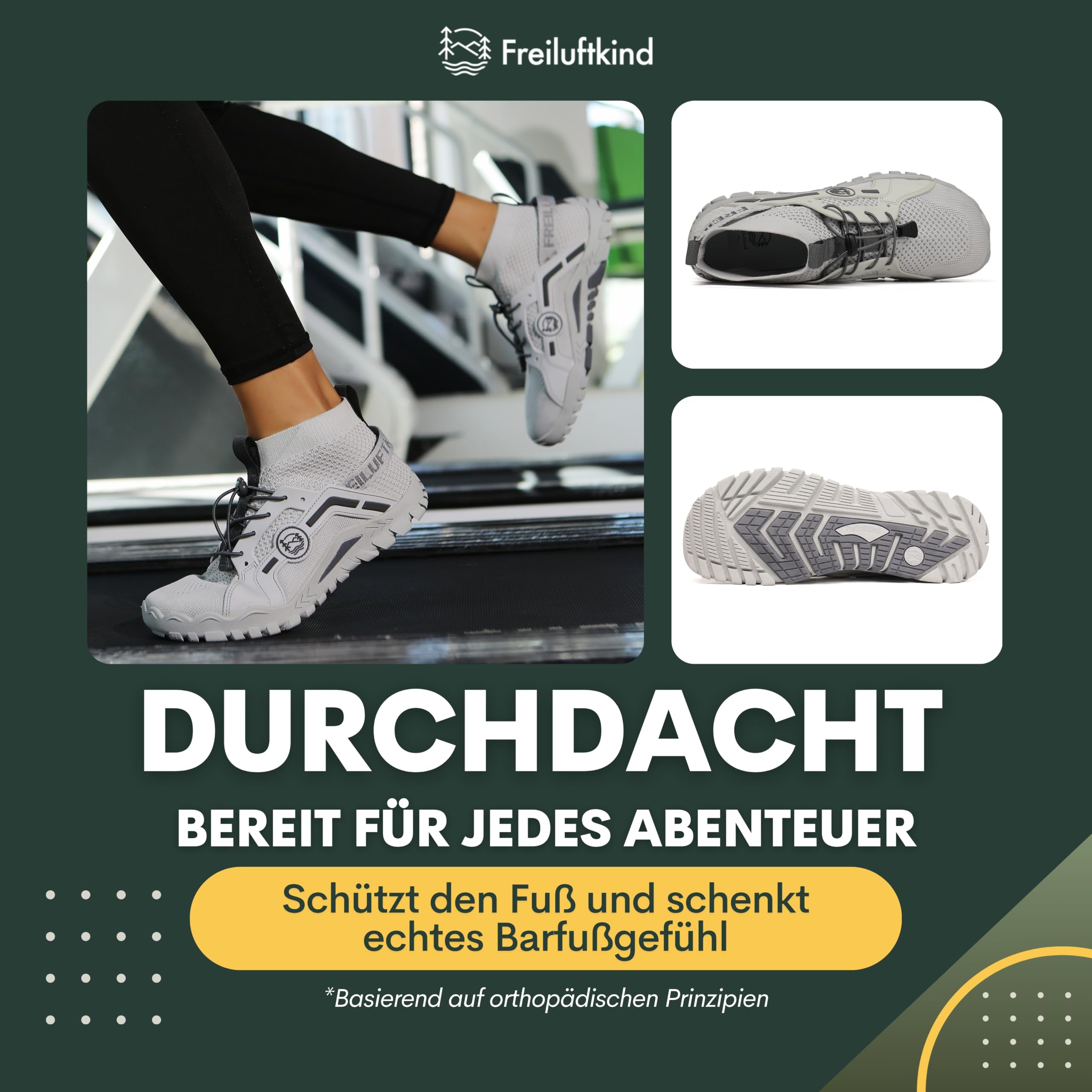 Freiluftkind® Tarka Barfußschuhe Herren Damen mit Trekking-Sohle – Mit Deutschen Orthopäden entwickelt – Nullabsatz, breite Zehenbox und Slip-In Stretch für Wandern, Outdoor und Alltag
