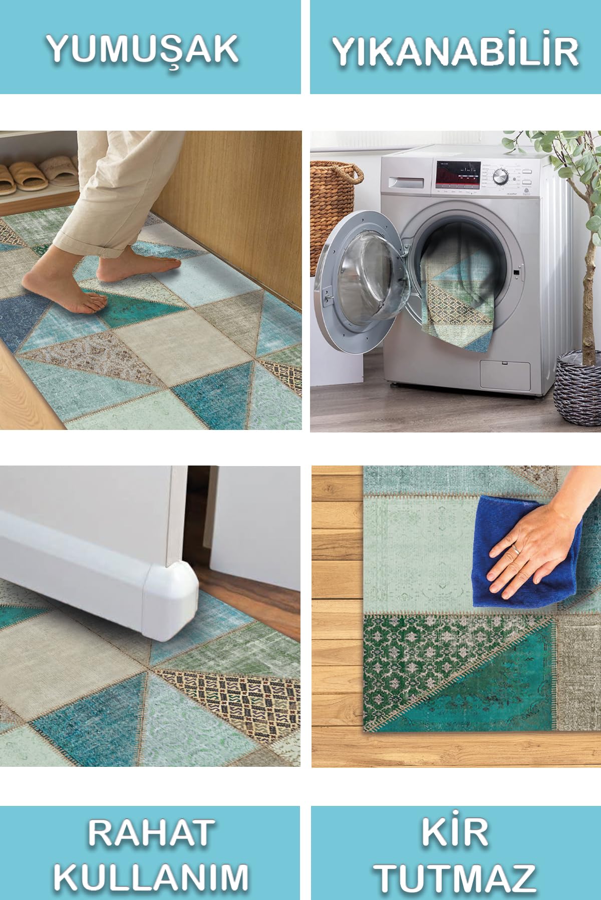 Latte Dizayn Lavi Patchwork Desenli Şönil Pamuk Tabanlı Yıkanabilir Kaymaz Antibakteriyel Salon Halısı 100x300