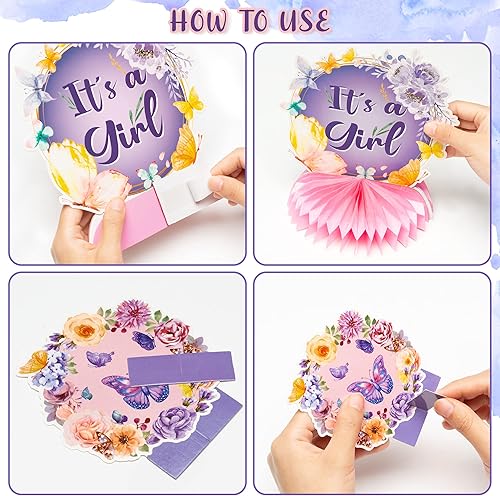 Miniatura 4 de JAPBOR 12 centros de mesa de mariposa para baby shower, fiesta de panal de abeja, decoraciones moradas y rosas para fiesta de revelación de género