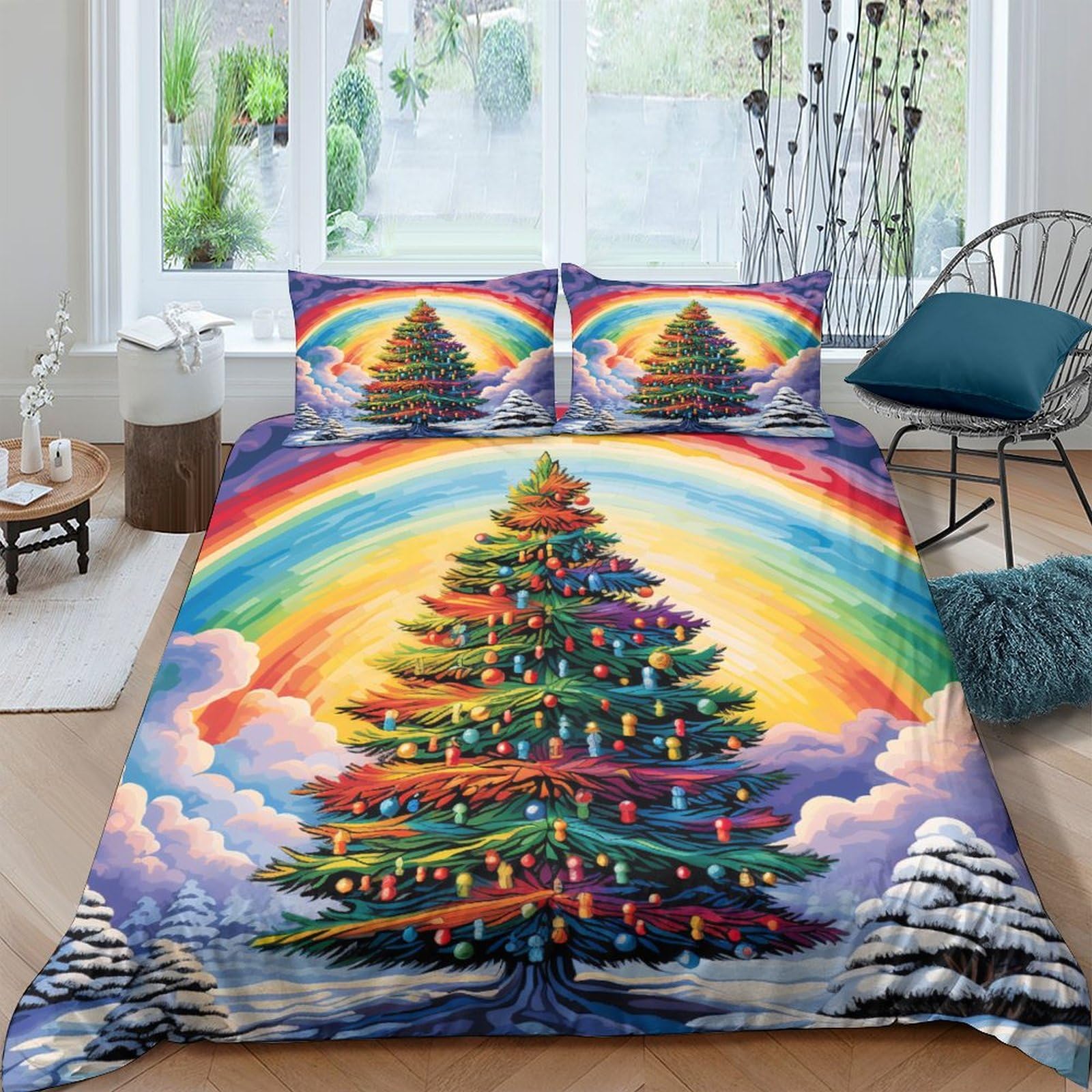OPANZYYDE Christmas Trees Rainbow Duvet Cover Set 3 PCS Hotel Quality Quilt Cover Bedding Bed Covers with Pillowcases with Zipper Closure Ultra Soft Anti Allergic Microfiber King（220x240cm）