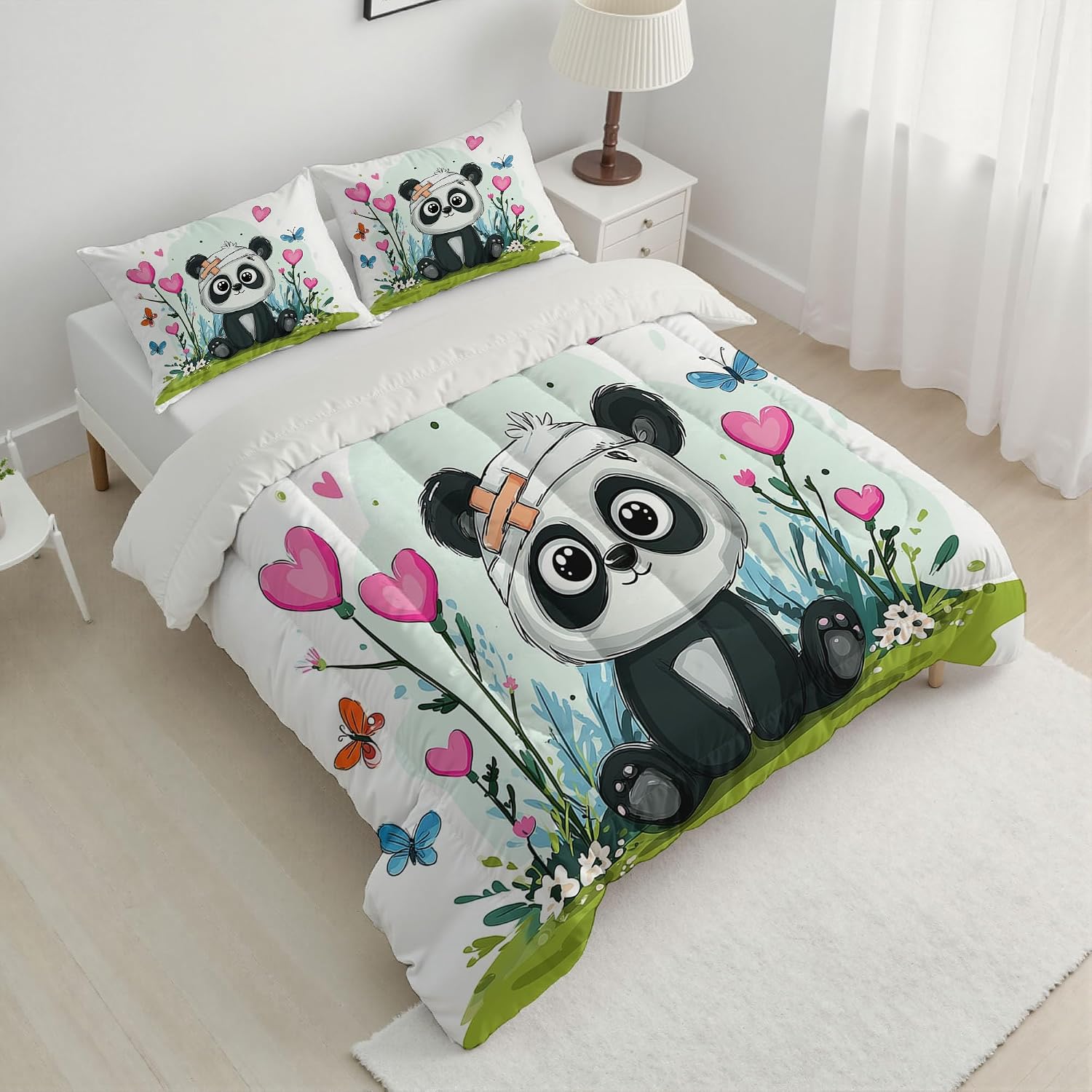 Cartoon Animals Comforter Set Queen Size, Abstract Panda Flowers Bedding Set for Teens Adults Room, White Soft 90" x 90" Quilt with 2 Pillow Cases, Lightweight White Quilt for All Season