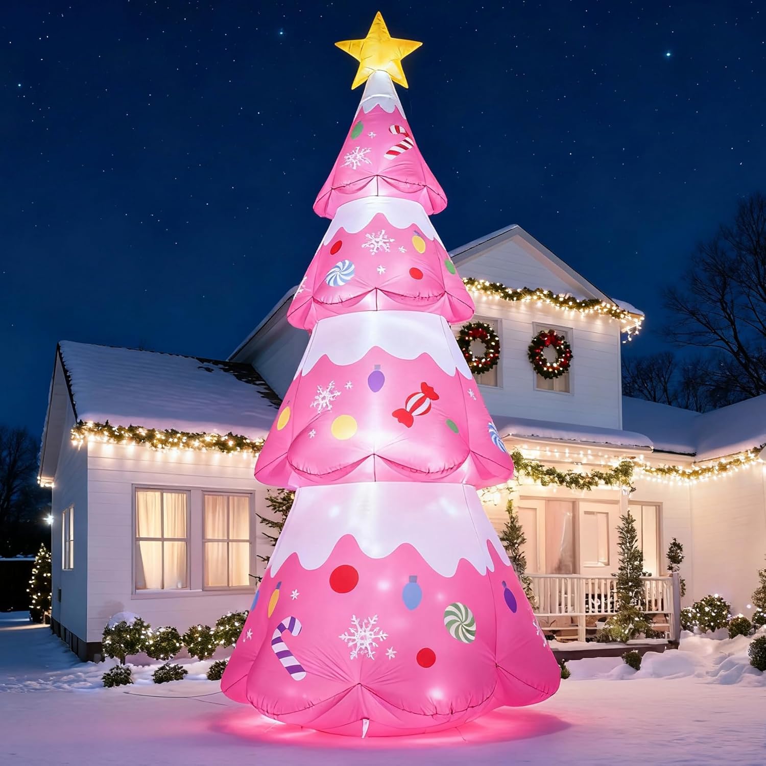 12 FT Pink Christmas Tree Inflatables Outdoor Decorations, Blow Up Candy-Themed Xmas Tree with Rotating Projection for Garden Lawn Holiday Decor 12 FT Xmas Tree