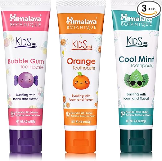 Himalaya Botanique Kids Toothpaste, Herbal, Cool Mint, Bubble Gum and Orange Flavor, Fights Plaque, Fluoride Free, No Artificial Flavors or Colors, SLS Free, Gluten Free, Vegan, 4 Oz, Variety 3 Pack…