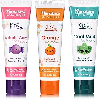Himalaya Botanique Kids Toothpaste, Herbal, Cool Mint, Bubble Gum and Orange Flavor, Fights Plaque, Fluoride Free, No Artificial Flavors or Colors, SLS Free, Gluten Free, Vegan, 4 Oz, Variety 3 Pack