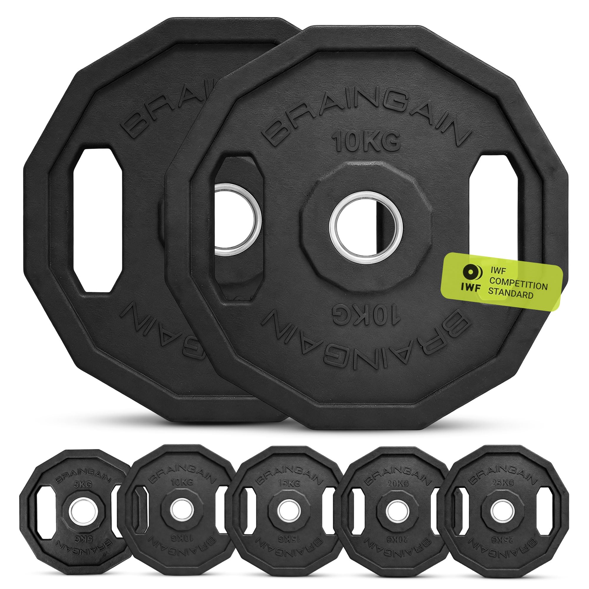 Olympic Weight Plates, 12-Sided Rubber Coated, Black - Available in 5KG, 10KG, 15KG, 20KG and 25KG (10.0, Kilograms)