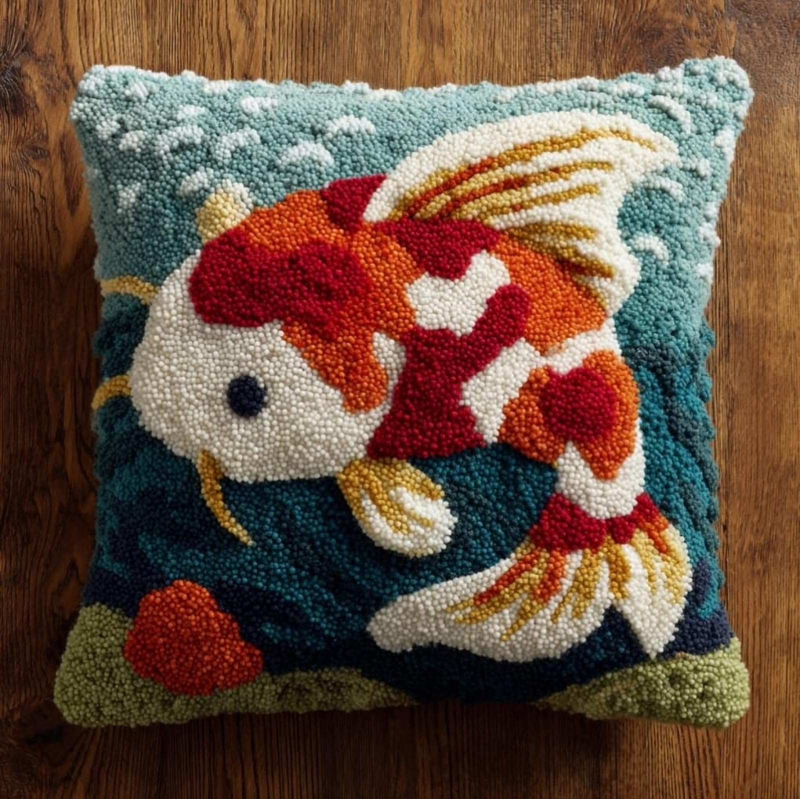 WallustrioaW Latch Hook Pillow Cover Making Kit 43x43cm,Koi Fish