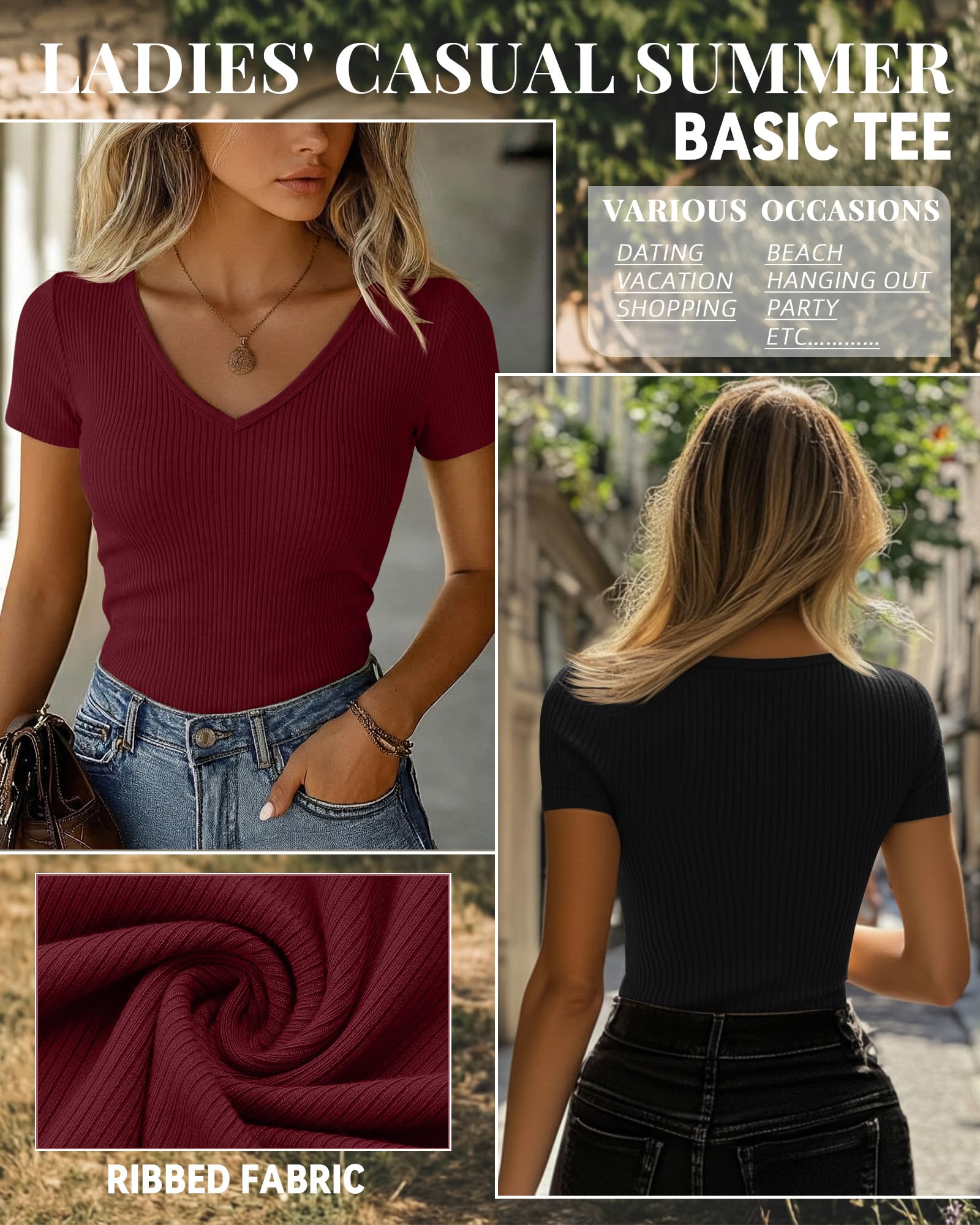 Ficerd Pack de 3 Camisetas de Algodón de Manga Corta para Mujer Cuello en V Acanaladas Corte Ajustado Camiseta Básica