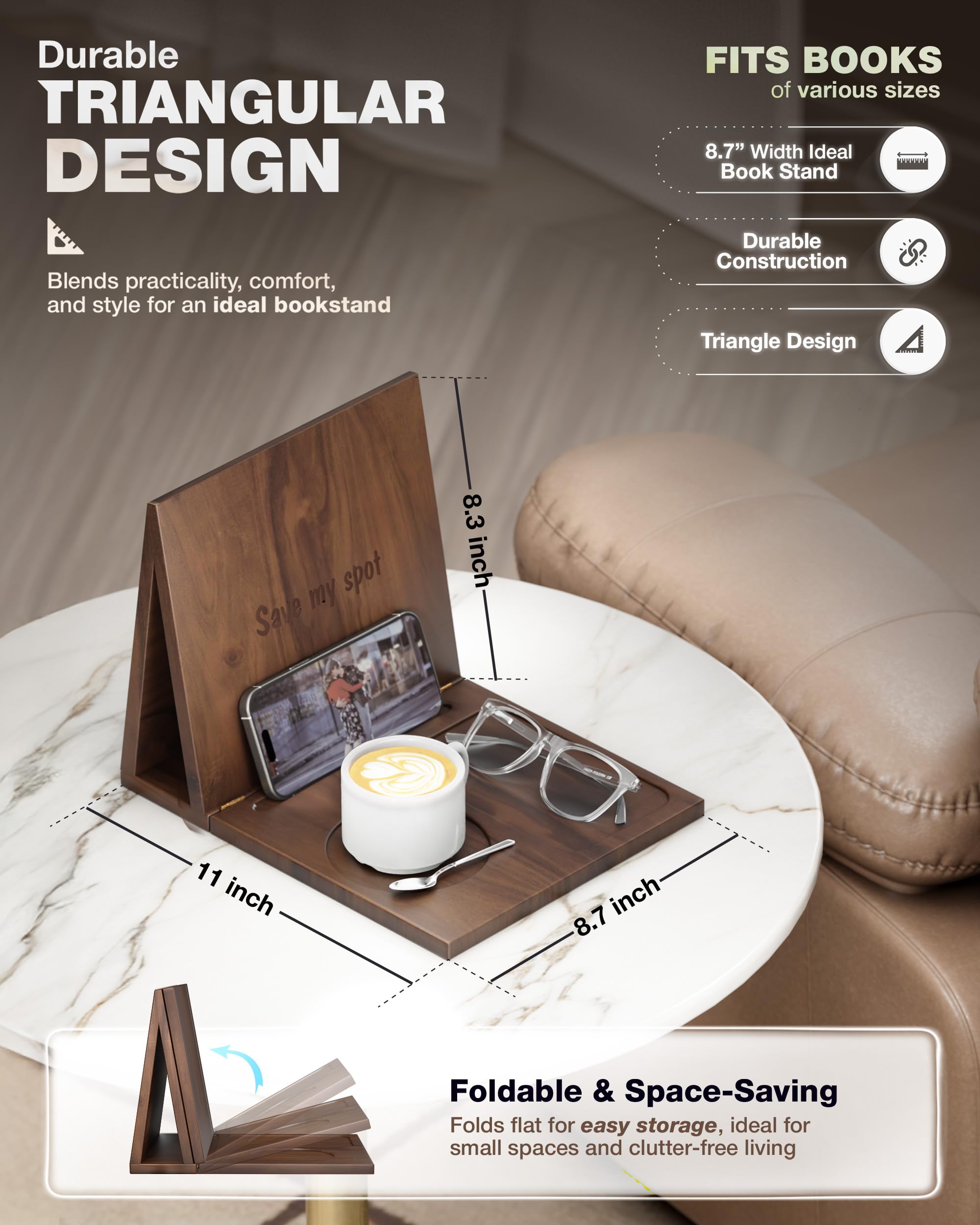 Support de livre triangulaire, repose-livre, en acacia, pliable pour coin de lecture, support de livre triangulaire avec tasse, stylo, lunettes et support de téléphone pour chambre à coucher