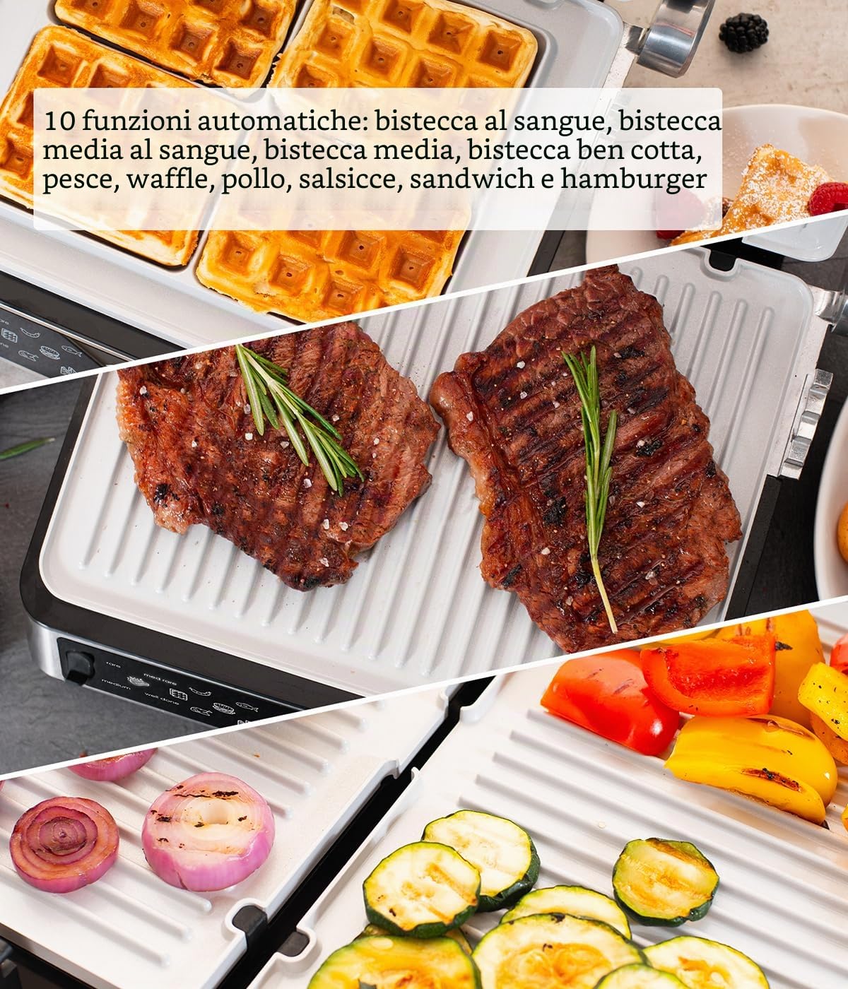 Genius Chef - Griglia elettrica a contatto, in acciaio inox, per panini, bistecche, piastre rimovibili, tostapane per sandwich, con 2 piastre, set da 6 pezzi, colore: Grigio