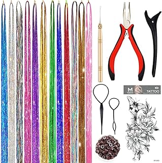 Hair Tinsel Kit, Fairy Tinsel Hair Extensions With Tool 2760 Strands 12 Colors Holographic Heat Resistant Sparkling Hair G...
