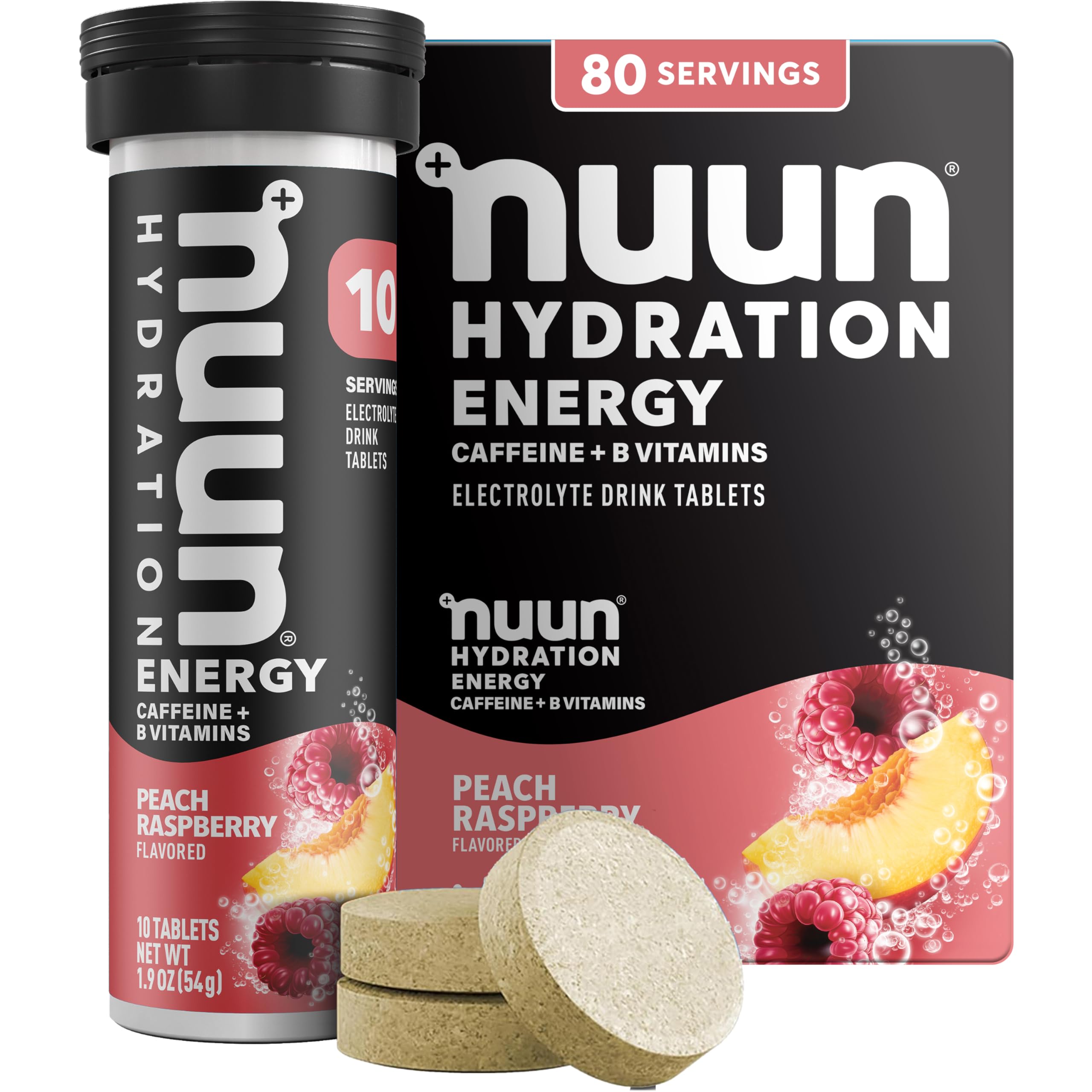 Nuun Energy Caffeine + B Vitamins, Electrolyte Hydration Tablets with Caffeine from Green Tea Extract, Magnesium &amp; 4 Other Electrolytes, Gluten Free, Vegan, Peach Raspberry, 8 Pack (80 Servings Total)