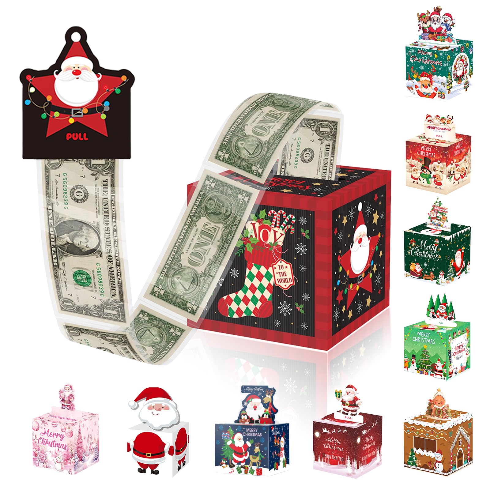 Christmas Money Box for Cash Gift,Christmas Pull Surprise Money Gift Box for Kid/Adult Presents,Money Cake Pull out Cash with Xmas Card and 50P Bags,Money Reveal Boxes Xmas Party Money Boxes for Cash