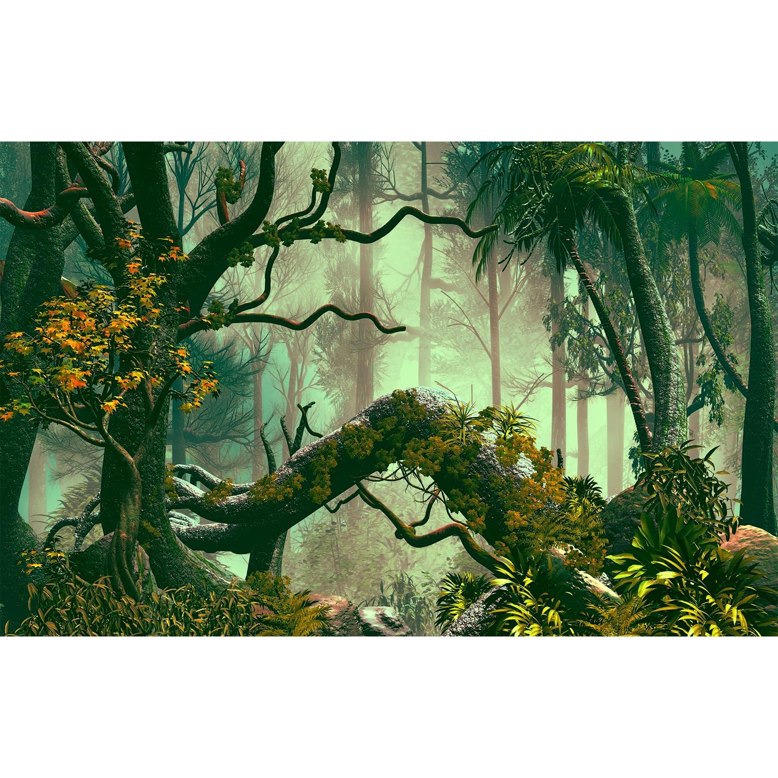 Tropical Forest Aquarium Background Dense Rainforest Atmosphere Terrarium Background Foggy Misty Jungle Forest Fish Tank Background Huge Tree with Lush Moss Reptile Habitat Background Poster 60x24in
