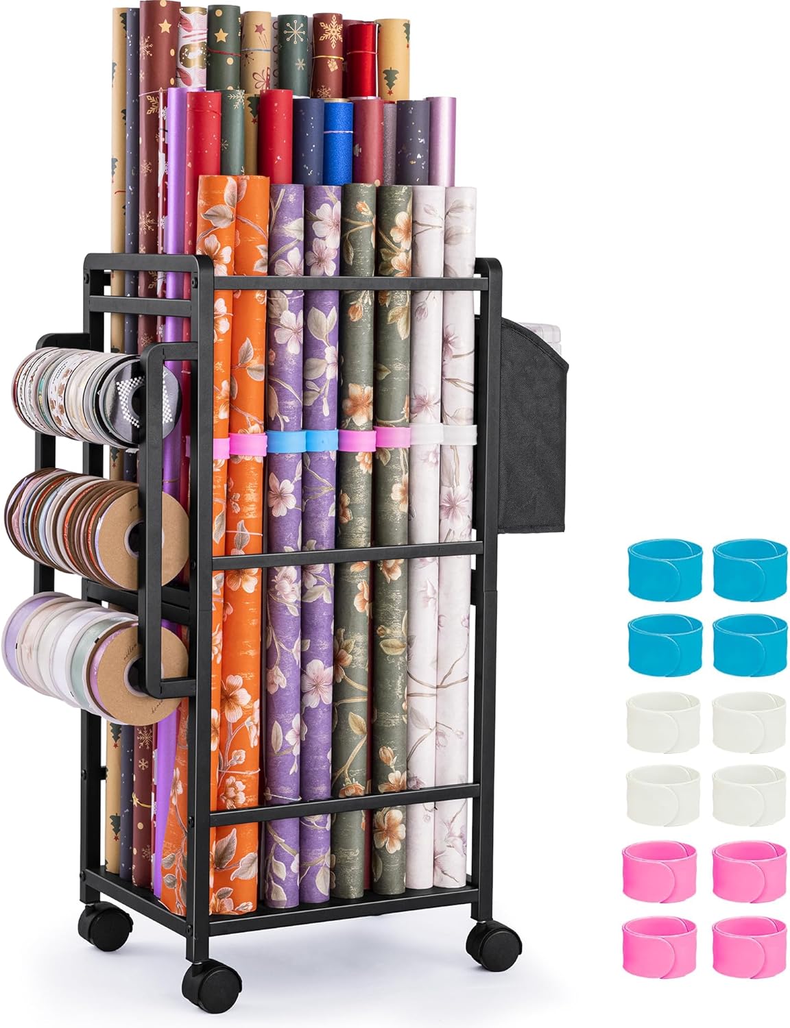 Aquzee Gift Wrapping Paper Organizer Storage, Rolling Gift Wrap Storage Stand, Vertical Wrapping Paper Storage Cart, Ribbon Organizers, 12 PCS Slap Bands, 9 Adjustable Rod Design, Black