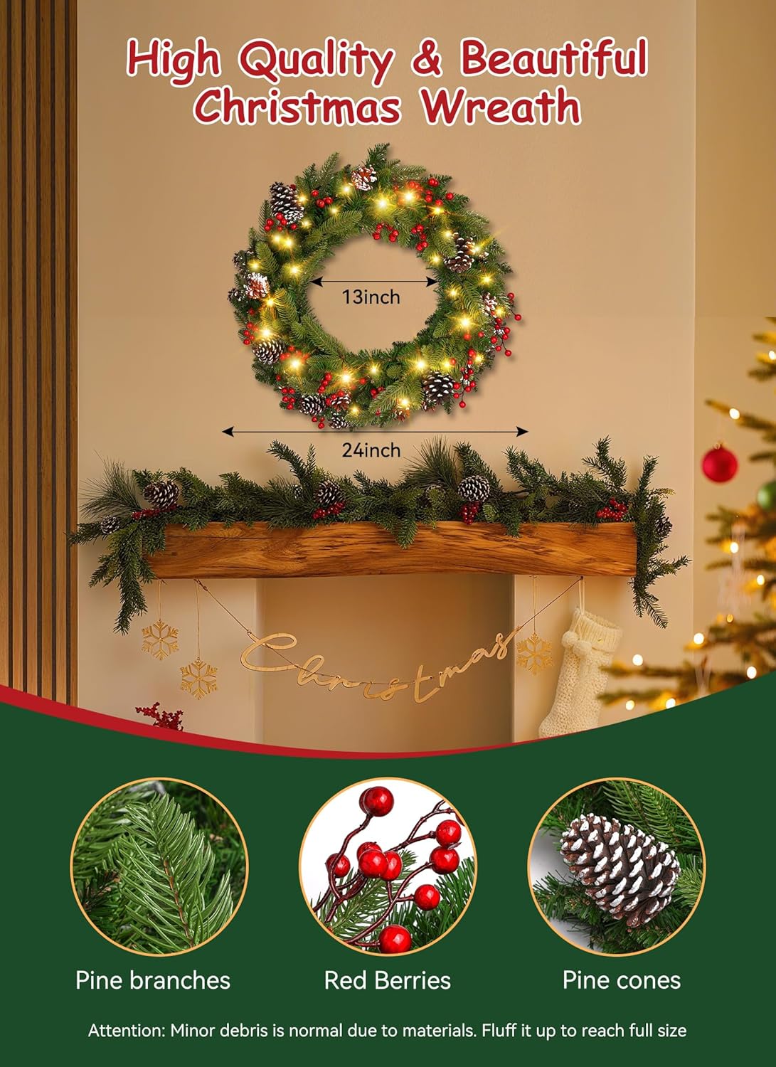 Brightown 24 Inch Pre-Lit Artificial Christmas Wreaths for Front Door,Christmas Decorations Indoor with Pine Cones & Berry Clusters, Christmas Wreath with 50 Lights for Fireplace Wall Window, Plug-in