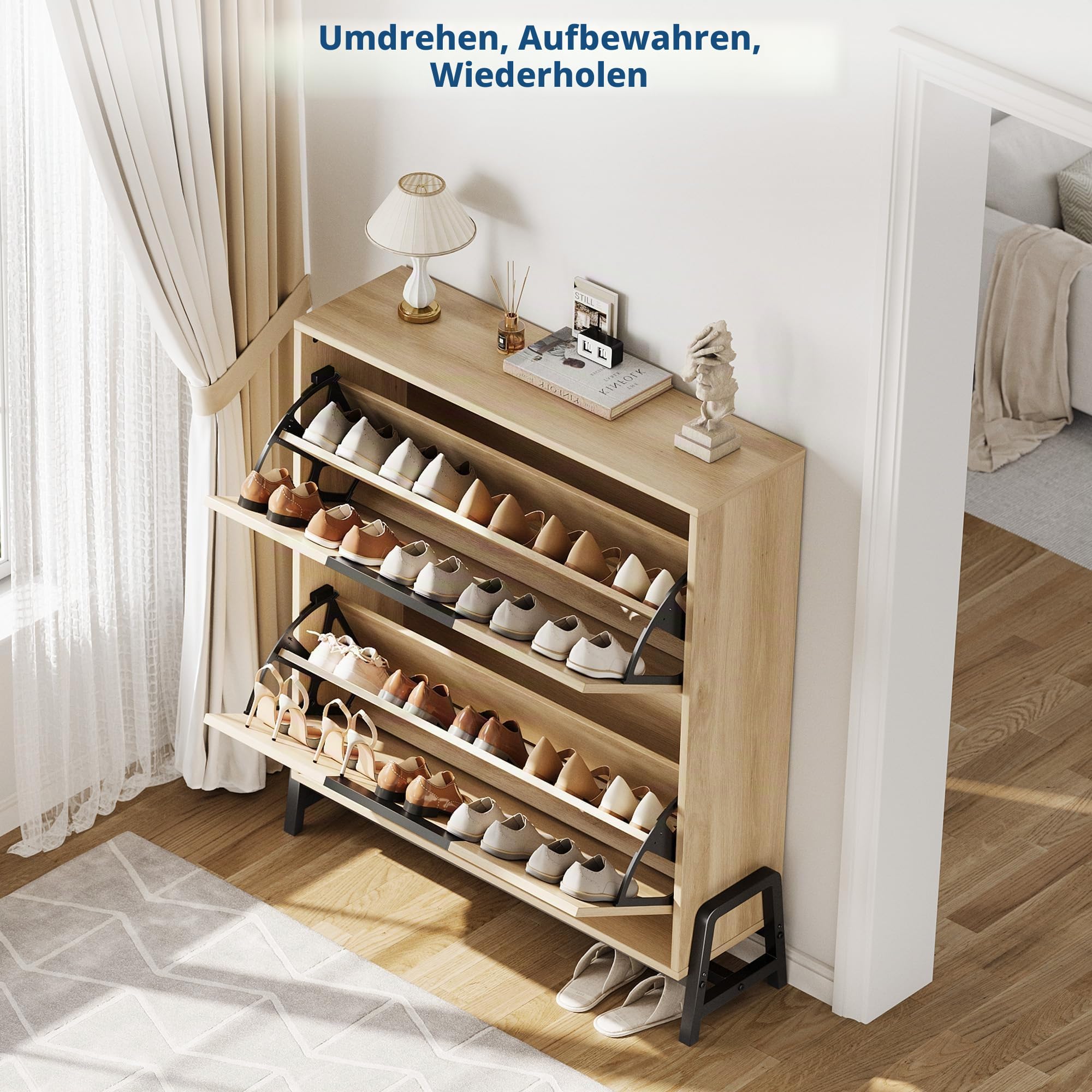 Garvee Kippschuhschrank schmal, Schuhkipper Holz mit 2 Klappen, Schuhschrank mit verstellbaren Regalen & Metallbeinen, Platzsparender Schuh-Organizer Schuhkommode für Flur, Eingangsbereich