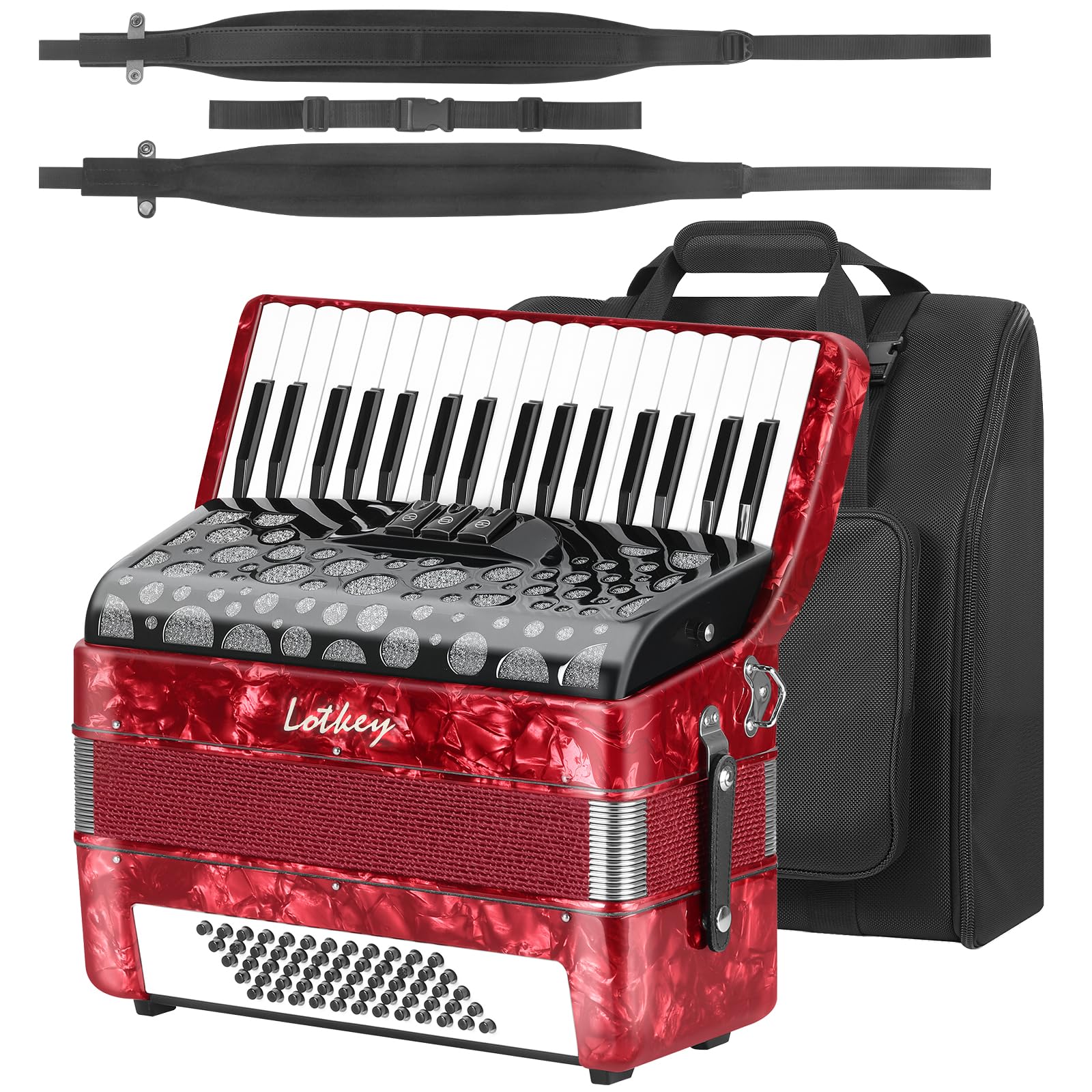 LOTKEY 34 Key Piano Accordion, 60 Bass Variable Tone Portable Accordion Instrument, Handmade Premium Reed Adult Accordions with Gig Bag, Padded Shoulder Strap for Beginners, Professionals (Red)