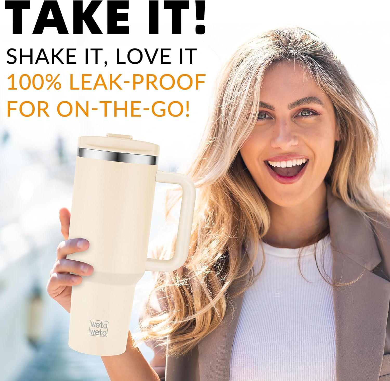 WETOWETO 40oz Tumbler with Handle | Insulated Stainless Steel Travel Mug | 34Hrs Cold & 10Hrs Hot Retention | 100% Leakproof Lid & Straw | Dishwasher Safe + Car Cup Holder Fit (Cream Color) - Image 7