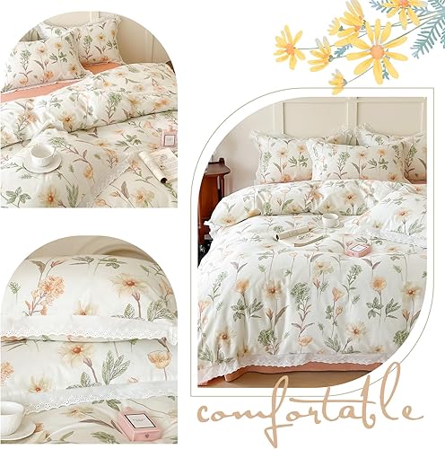 Miniatura 4 de OTOB Juego de funda de edredón floral, tamaño Queen, color beige, 100% algodón, con cierre de cremallera, 4 lazos para todas las estaciones, funda