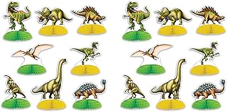 Beistle 59643 - Mini centros de mesa de dinosaurio, 16 piezas, suministros para fiestas de cumpleaños, decoraciones de selva, papel, verde/amarillo/marrón
