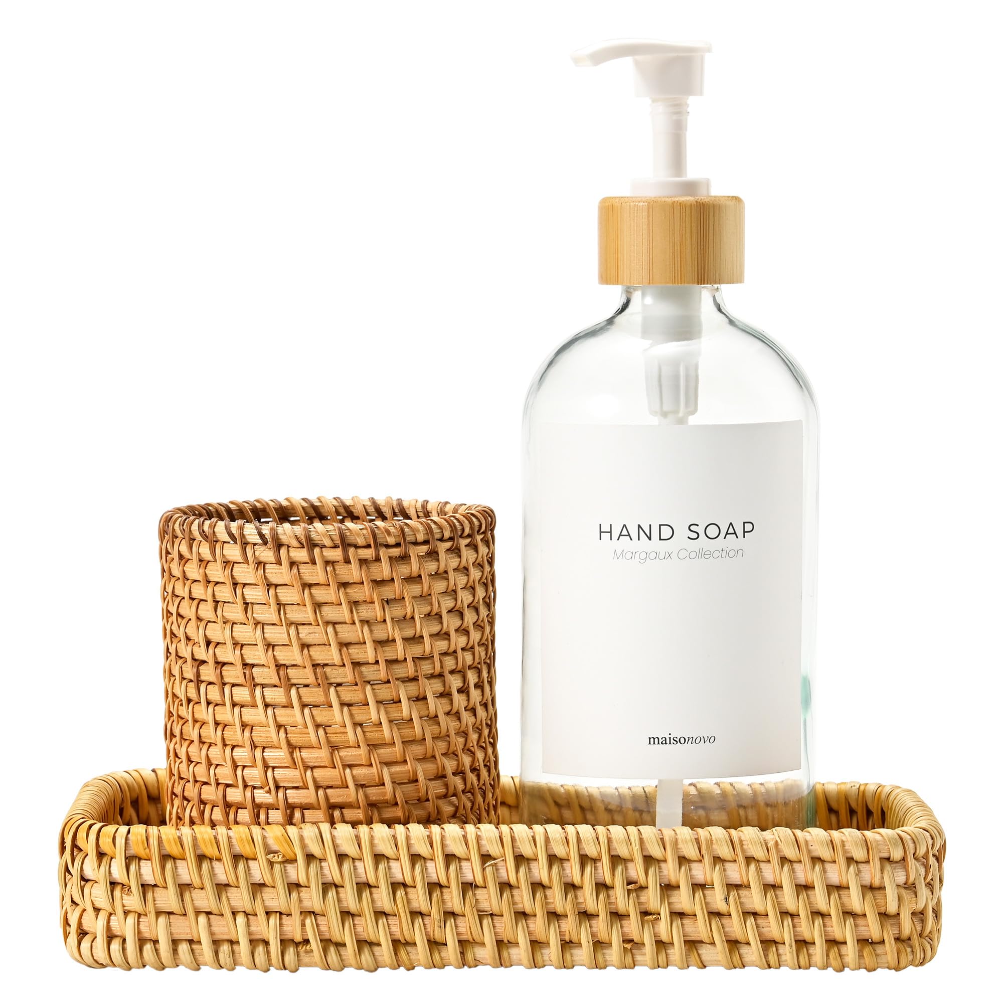 Maisonovo Women's Clear Rattan Bathroom Set - Countertop Dispenser, Toothbrush Holder & Toothpaste Cup With Tray - Set Of 3 - Rattan Bathroom Vanity Trays Rectangle For Storage
