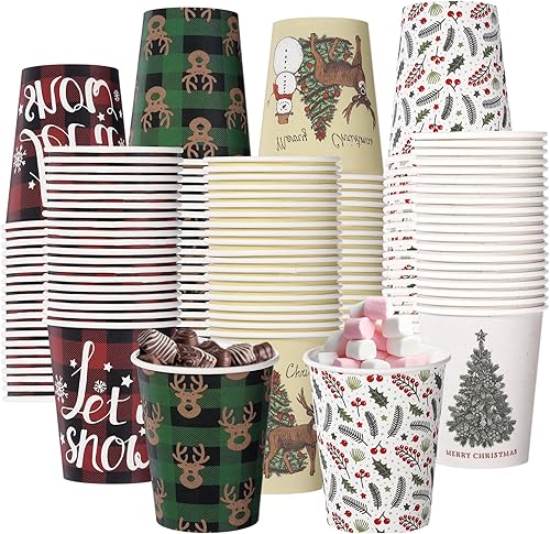Zhehao 100 vasos de papel de Navidad desechables de 9 onzas, tazas de café de Navidad, tazas de chocolate de chocolate de Navidad, copos de nieve,