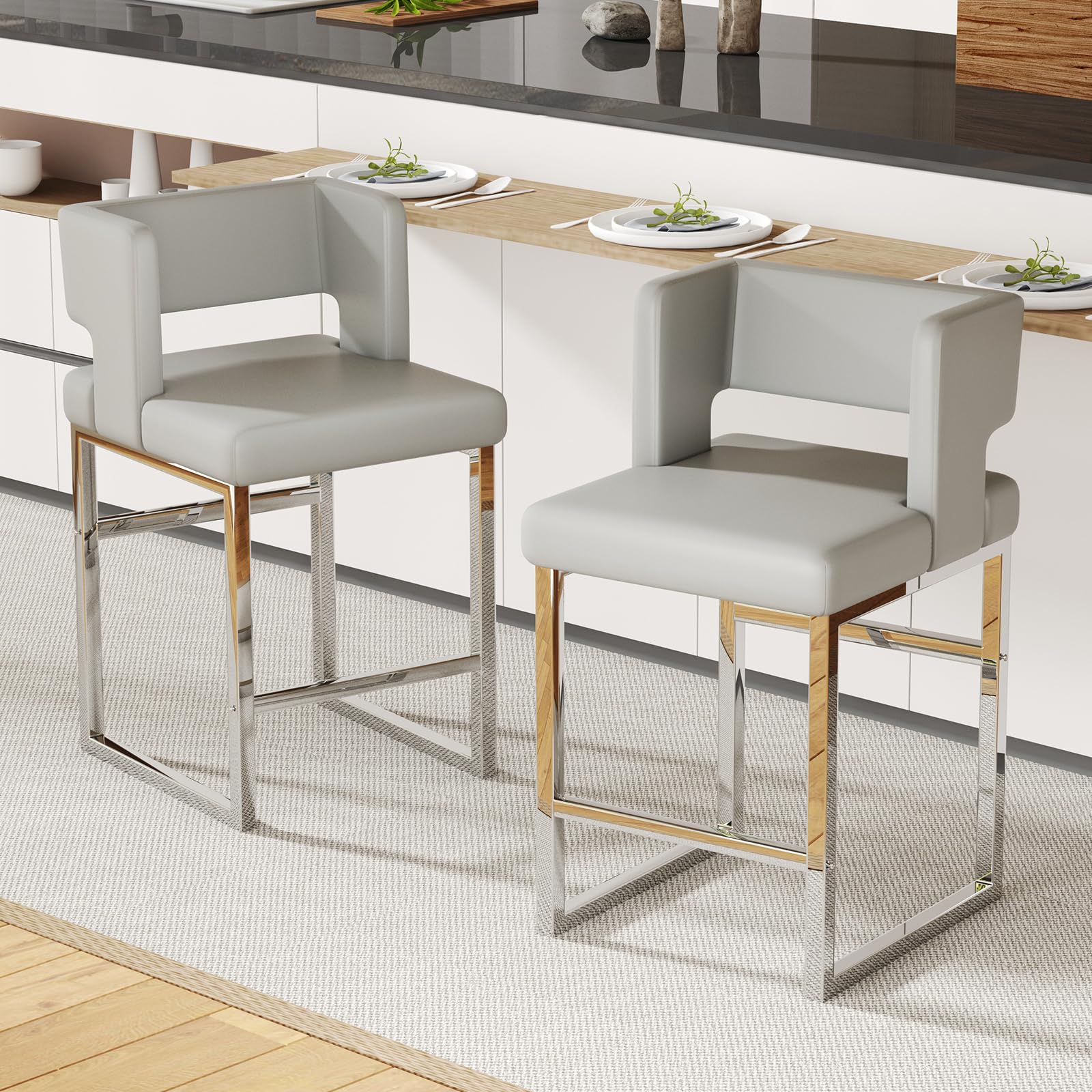 Sweiko 26 Inch Counter Height Bar Stools Set of 2 with Leather Cushion and Back Modern Bar Chairs for Kitchen Island Counter Stools with Metal Leg for