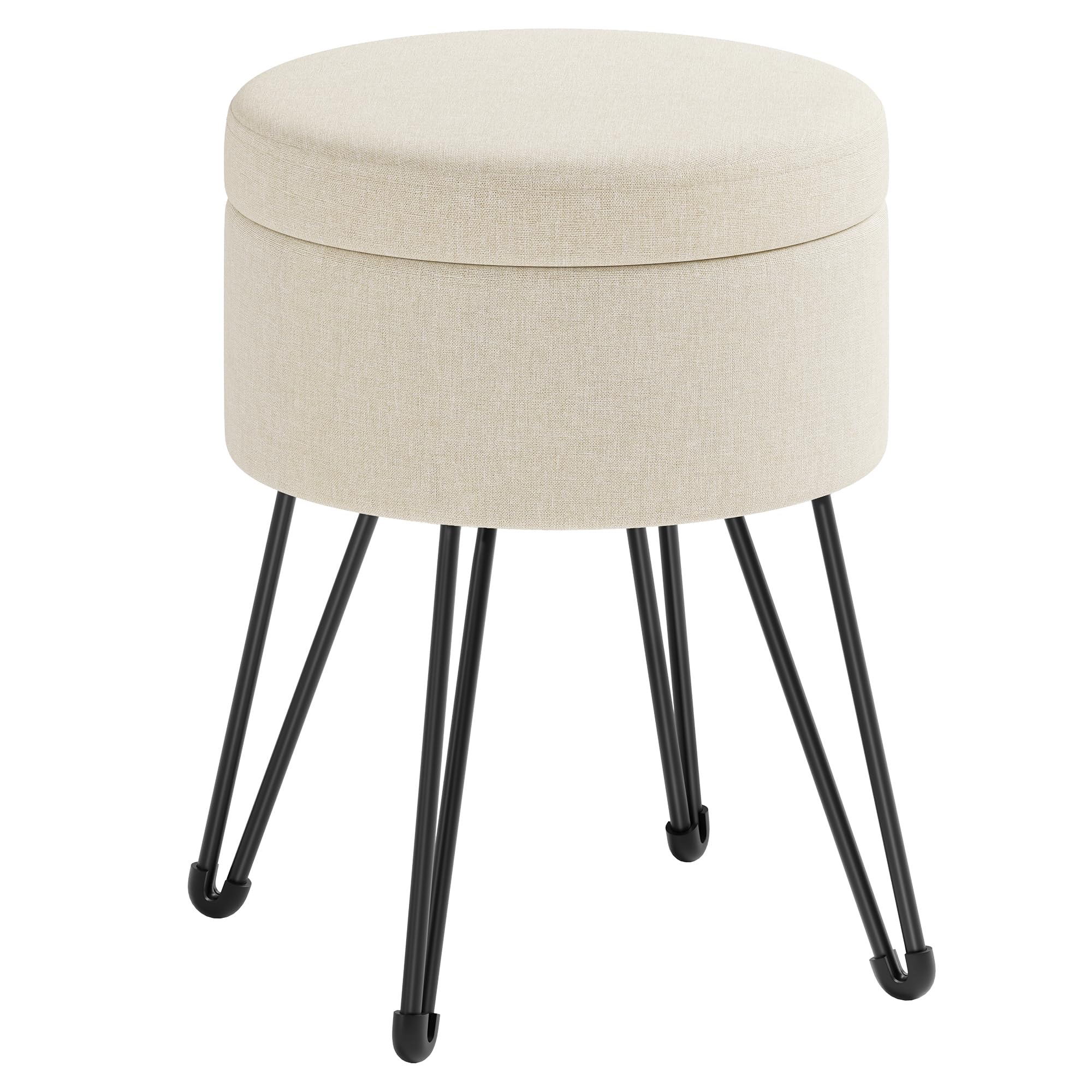 SONGMICS Puff Almacenaje, Baul Almacenaje, Banco Almacenaje Redondo, Taburete de Tocador, 39 x 44,1 cm, 4 Patas de Metal, Asiento Acolchado, Blanco Crema LOM002W01