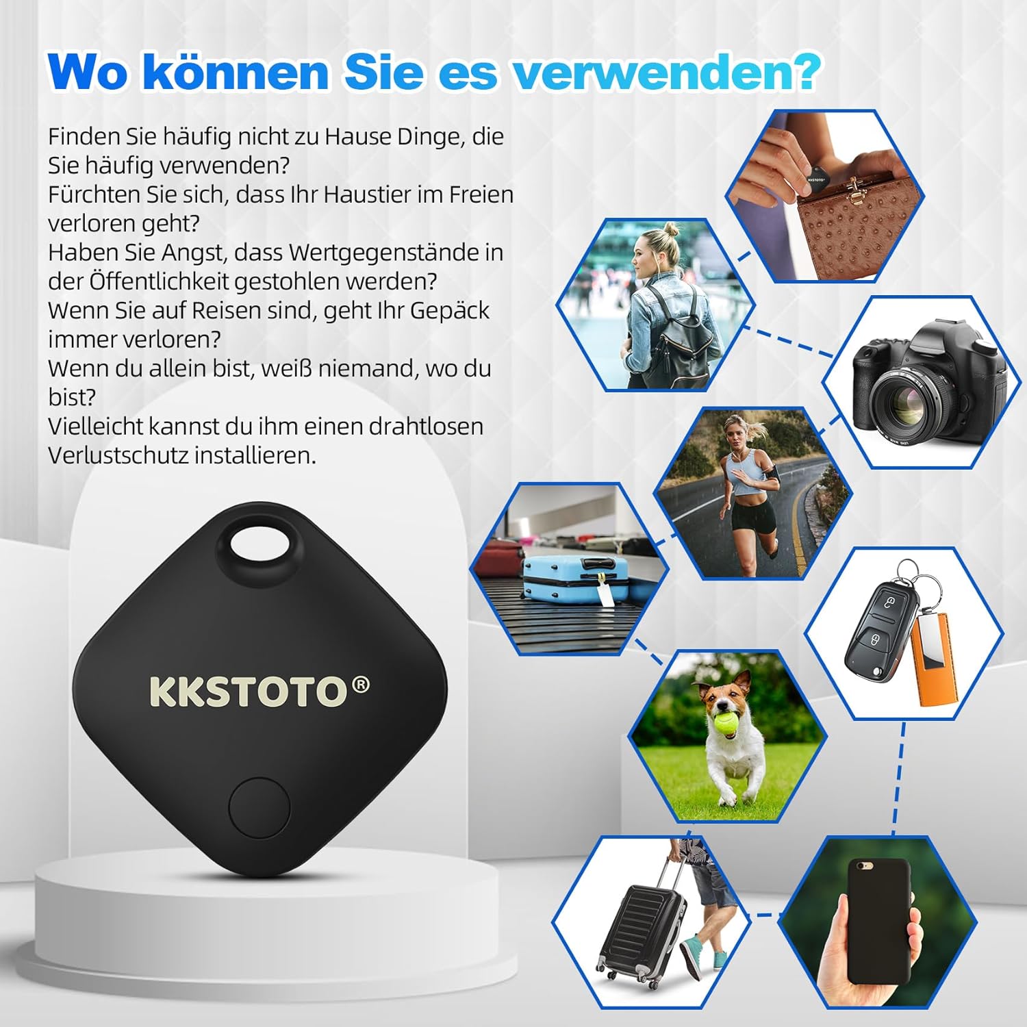 Diagram showing the dimensions of the KKSTOTO Smart GPS Tracker, its 365-day battery life, and other features like Bluetooth range and sound level.