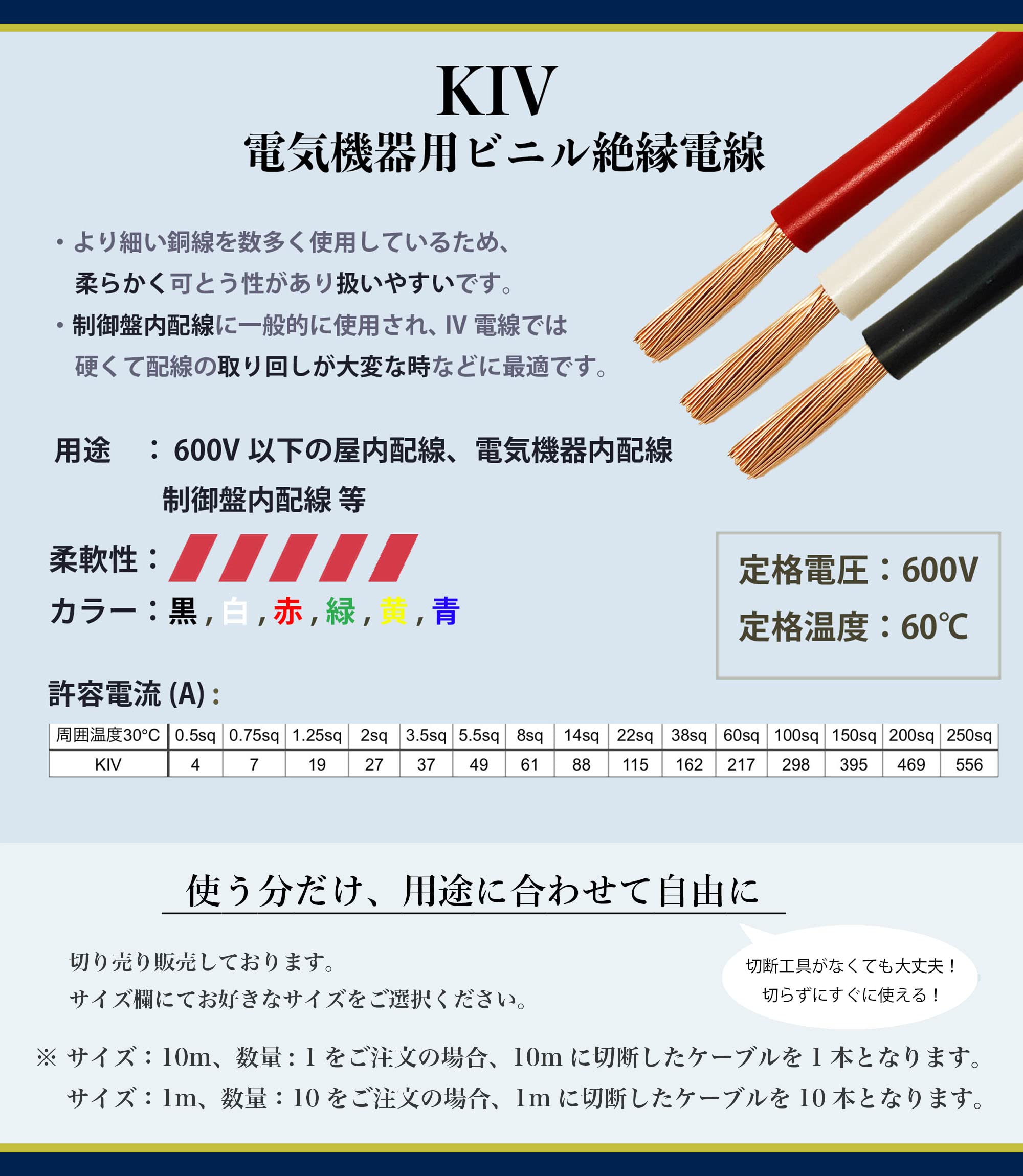 Amazon.co.jp: KIV 電線 3.5sq 赤 白 黒 セット 各色1m 絶縁キャップ 