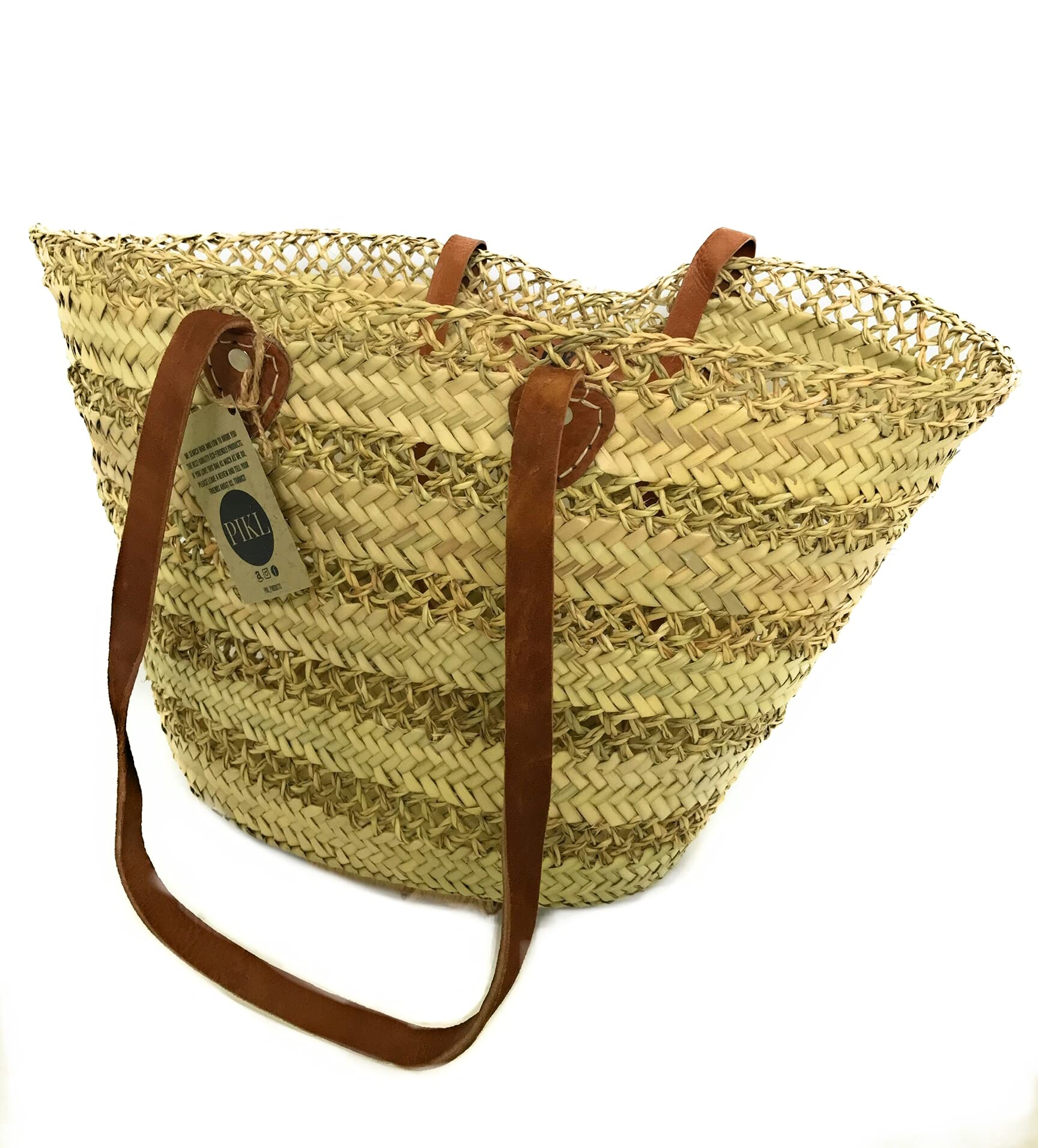PIKL Handmade Moroccan Tote Bag, Beach Bag, Market Shopping Basket with Leather Handles, Large