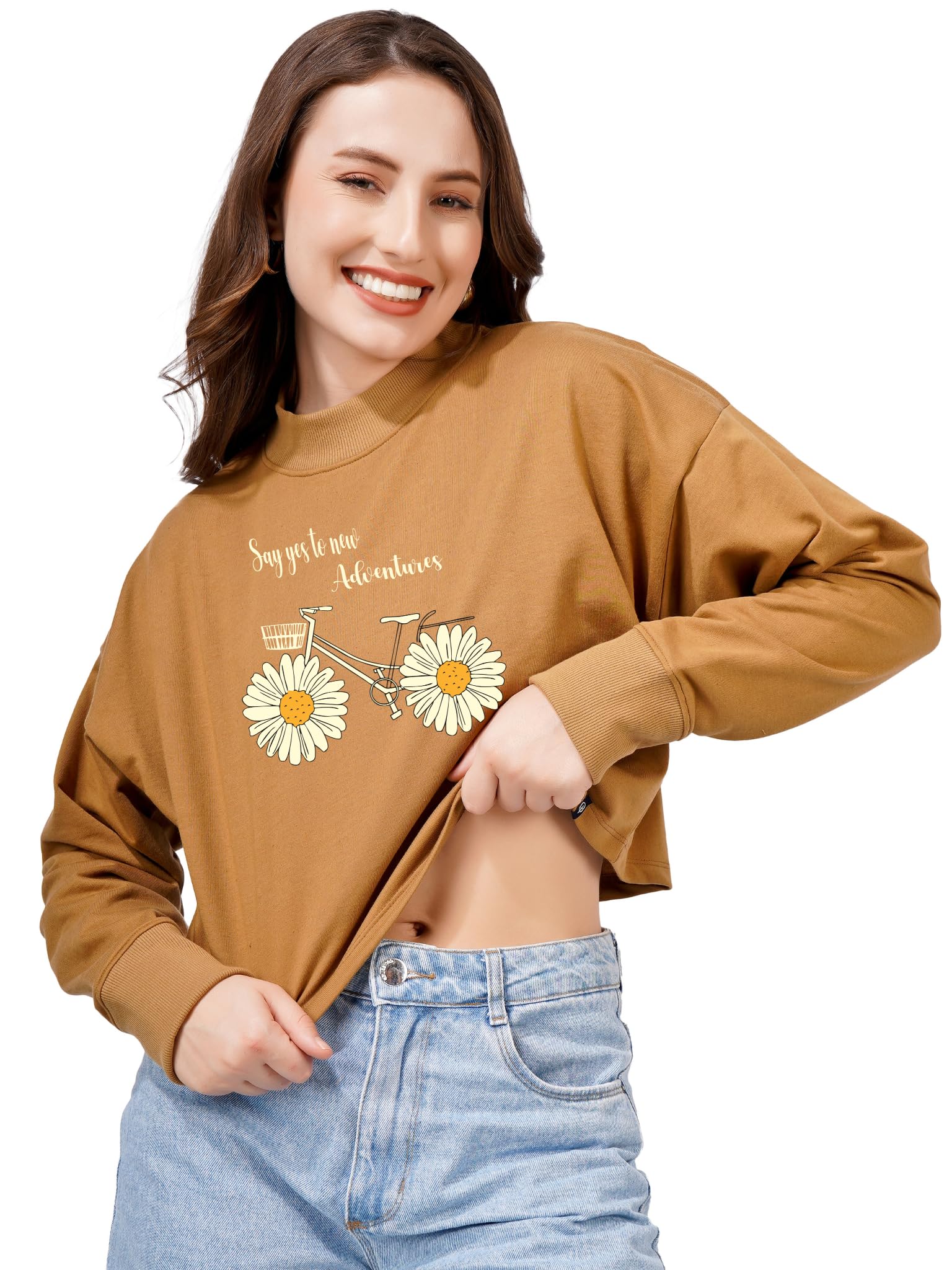Women Cotton Blend Crop Sweatshirt with Say Yes to New Adventures Print | High Neck Graphic Pullover | Trendy Casual Winter Wear for Women & Girls-image-22