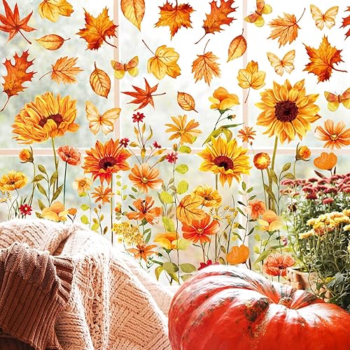 Miniatura 3 de Whaline 6 hojas de calcomanías florales de otoño para ventana, acuarela, hojas de arce, girasoles, calcomanías reutilizables de doble cara para