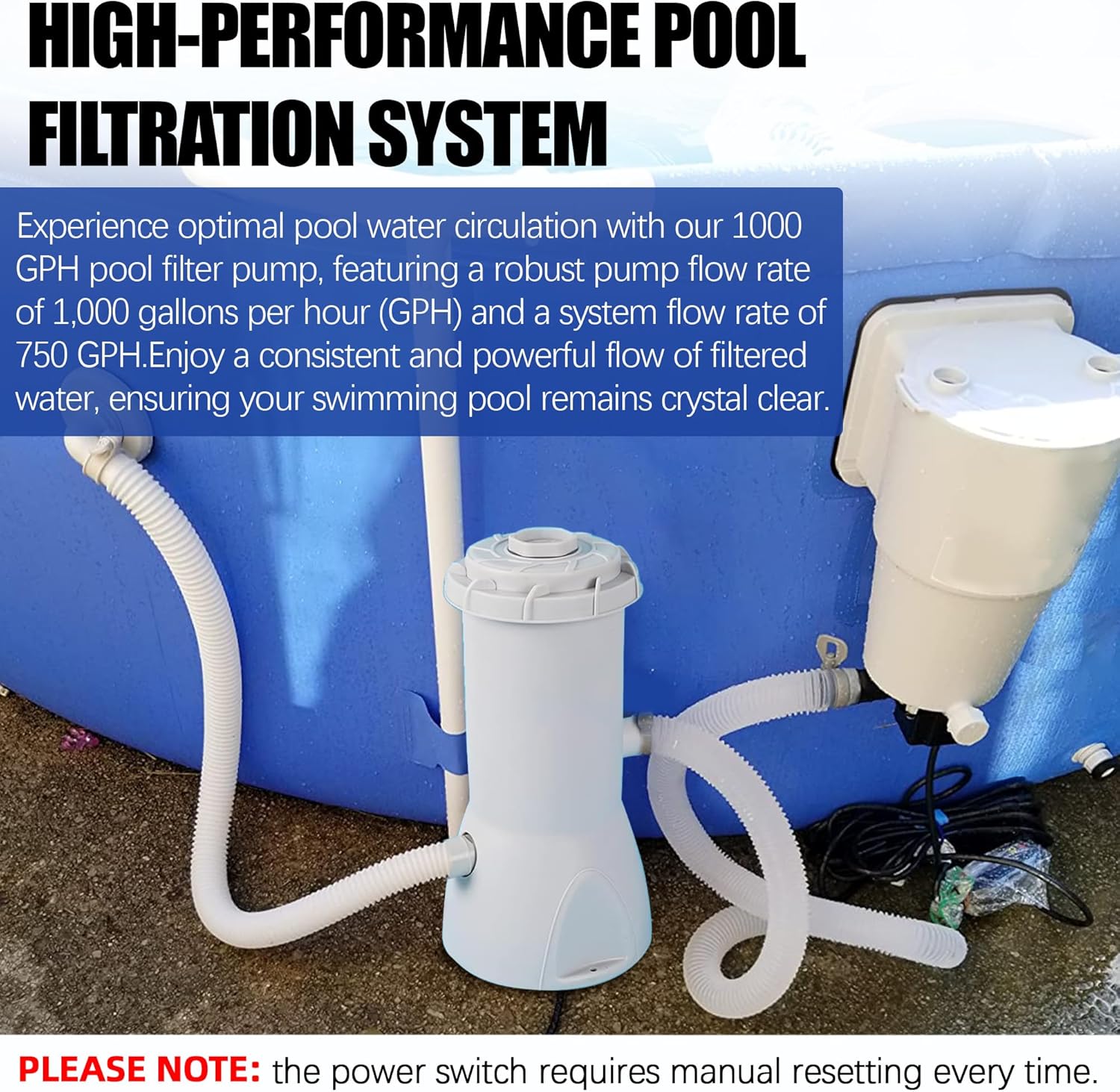 TonGass 1000 GPH Pool Pumps, Above Ground Pool Filter Pump for Swimming Pools 1000 GPH Pumps Flow Rate All-in-One Above Ground Pools Filters Pump Accessories Uses Type A or C Filter Cartridge