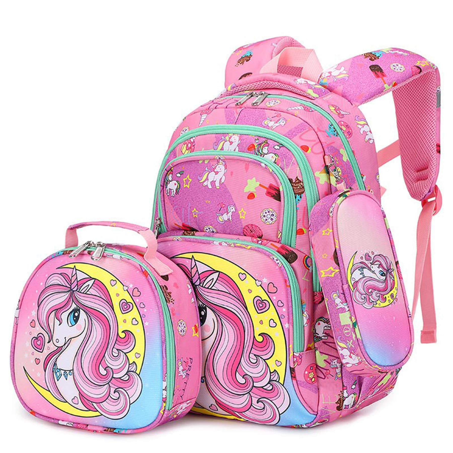 Lswrlixa Three-Piece Backpack Set Boys Girls Meal Bag Pen Bag Lightweight Backpack Unicorn
