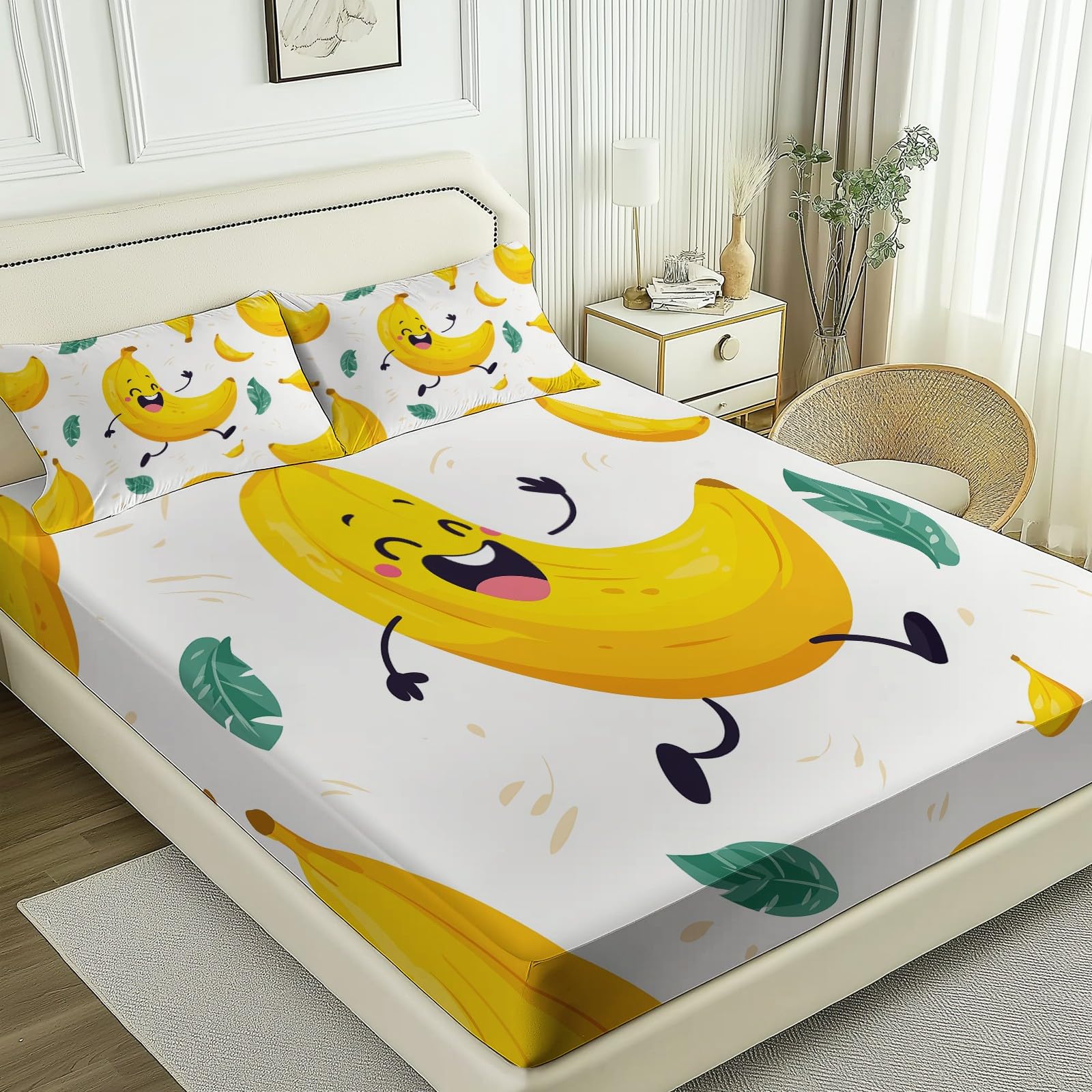 Biały zestaw pościeli z mikrofibry - 140 × 200 cm - śliczne linie bananowe z nadrukiem - miękkie, oddychające, hipoalergiczne - w zestawie 1 prześcieradło + 2 poszewki na poduszki - łatwe do prania