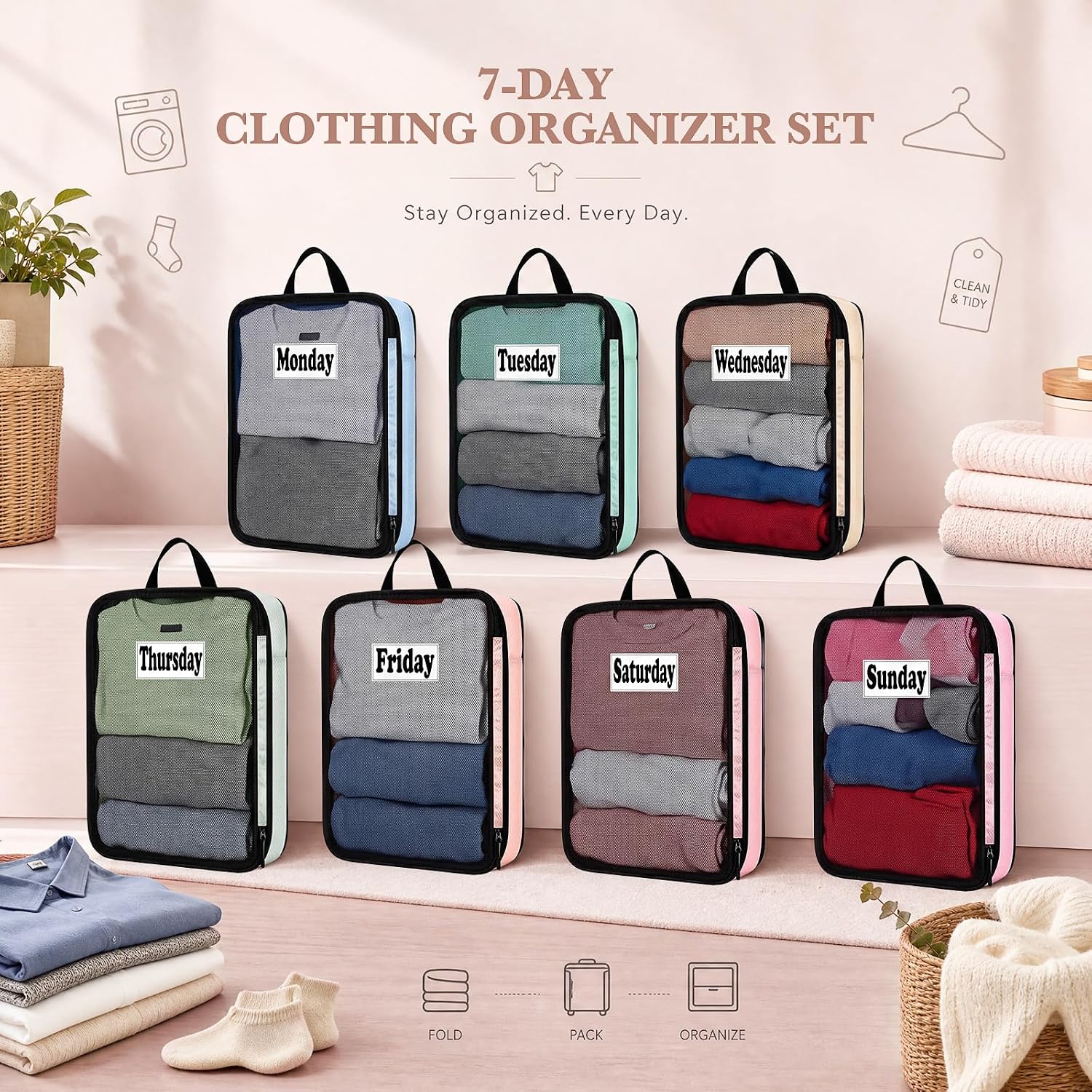 7 Pcs Packing Cubes for Travel Days of Week, Pastel, L
