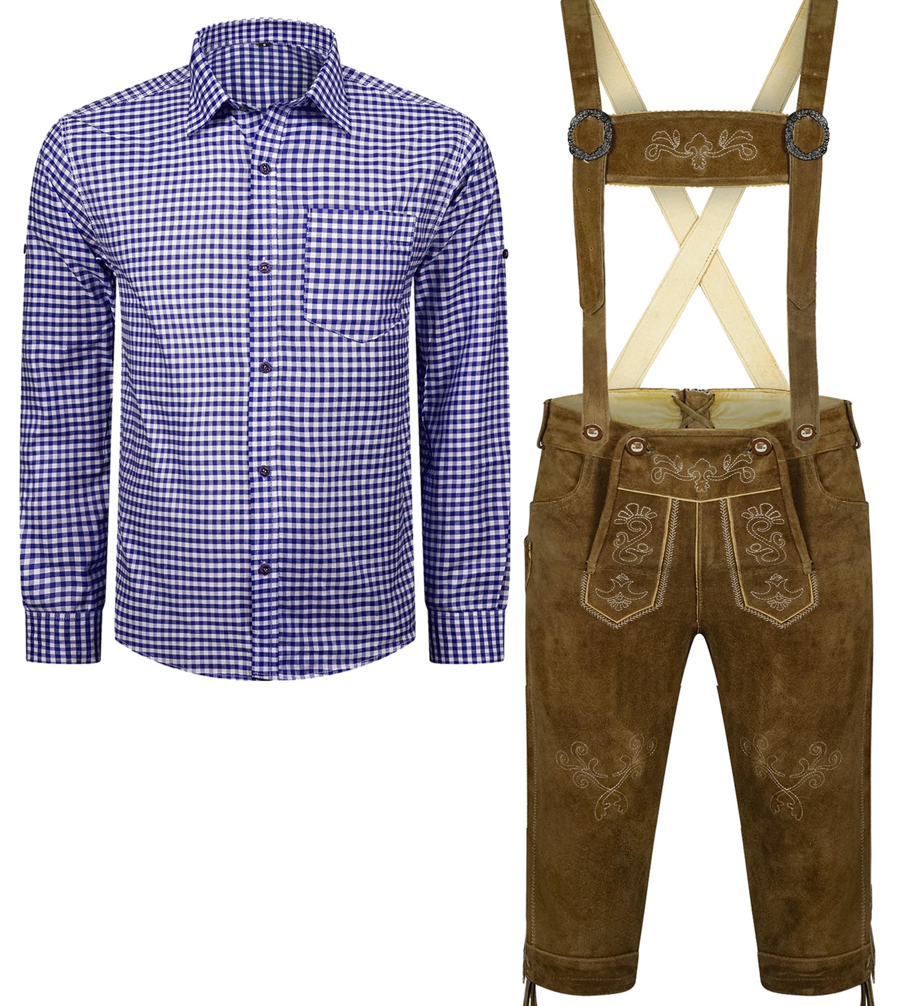 Herren Trachten Set Lederhose mit Trägern + Trachten Hemd Bayerische Oktoberfest (Hose + Hemd) BLR01