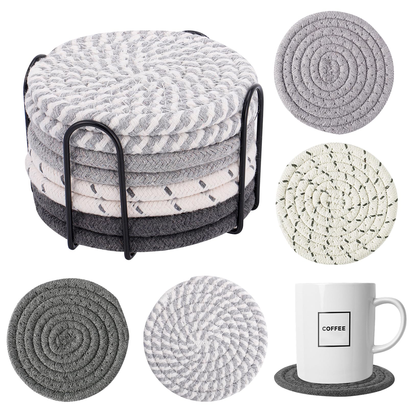 Handmade Woven Drink Coasters with Holder, 8 Pcs BOHO Absorbent Coasters for Home Decor, Cotton, for Farmhouse Table Kinds of Cups New House Gift(4.3in, Grey/White)