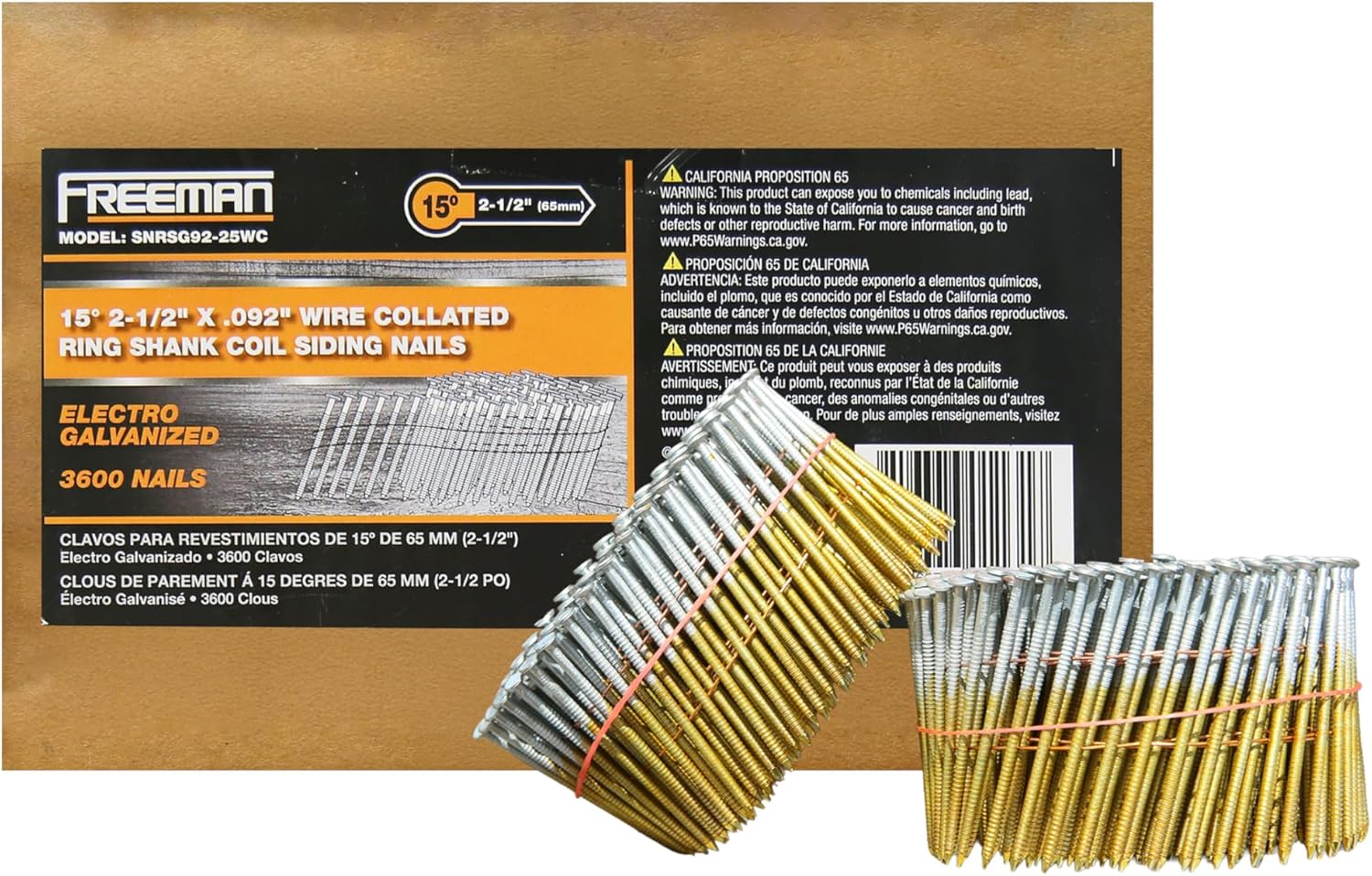 Freeman 15° 2-1/2" Wire Collated Galvanized Ring Shank Coil Siding Nails – 3,600 Count – Heavy-Duty Nails for Siding, Wall Sheathing & Roofing – SNRSG92-25WC