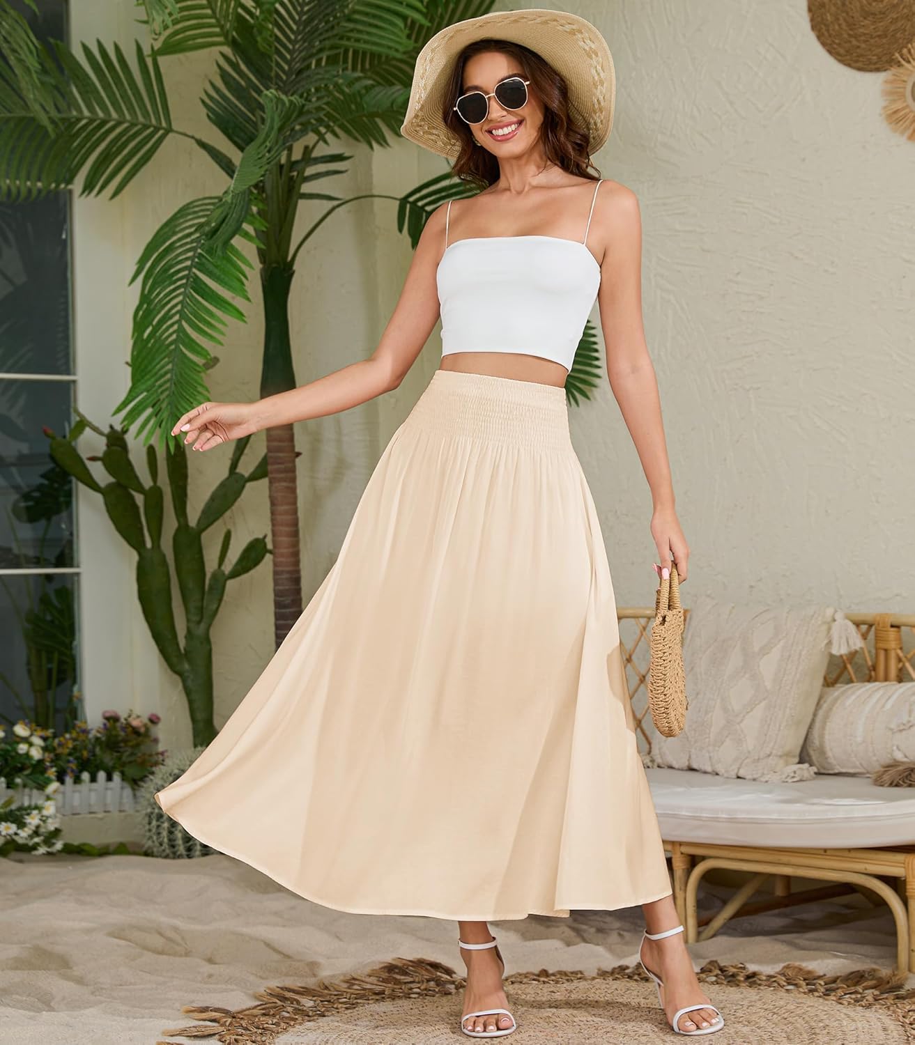 Women's Elastic High Waisted Midi Skirts with Pockets Trendy A-Line Flowy Swing Basic Skirt - Image 5