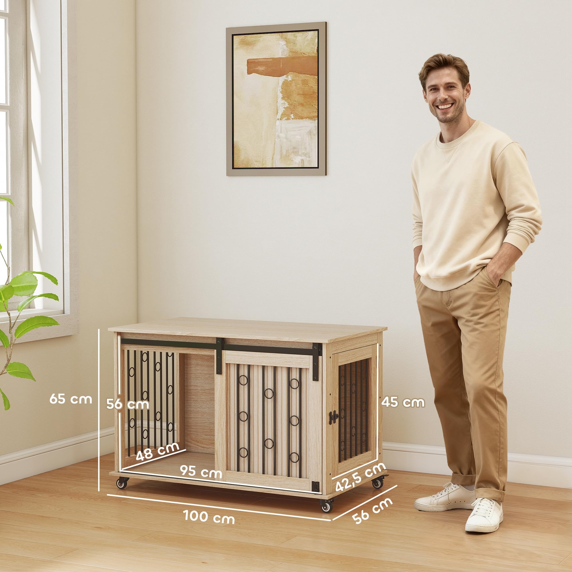 PawHut Jaula para Perros con Ruedas, Mesa Auxiliar, Casa para Mascotas Moderna con 2 Puertas y Cierre, para Perros Medianos y Grandes, 100x56x65 cm, Roble