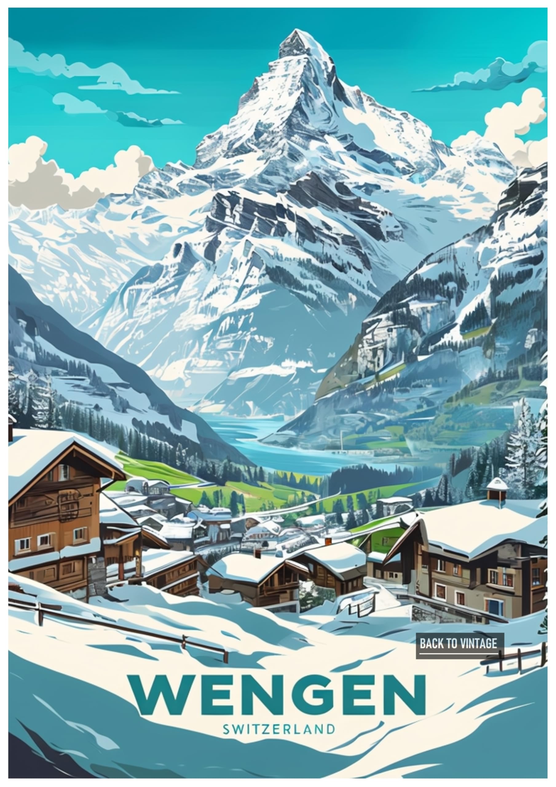 Back To Vintage Multicoloured Vintage Travel Poster Showcasing Tranquil Wengen Switzerland Winter Scene - Retro Europe Travel Poster A4 Size Vintage Wall Art Print Of Famous European Destinations Ideal For Home Or Office Decor