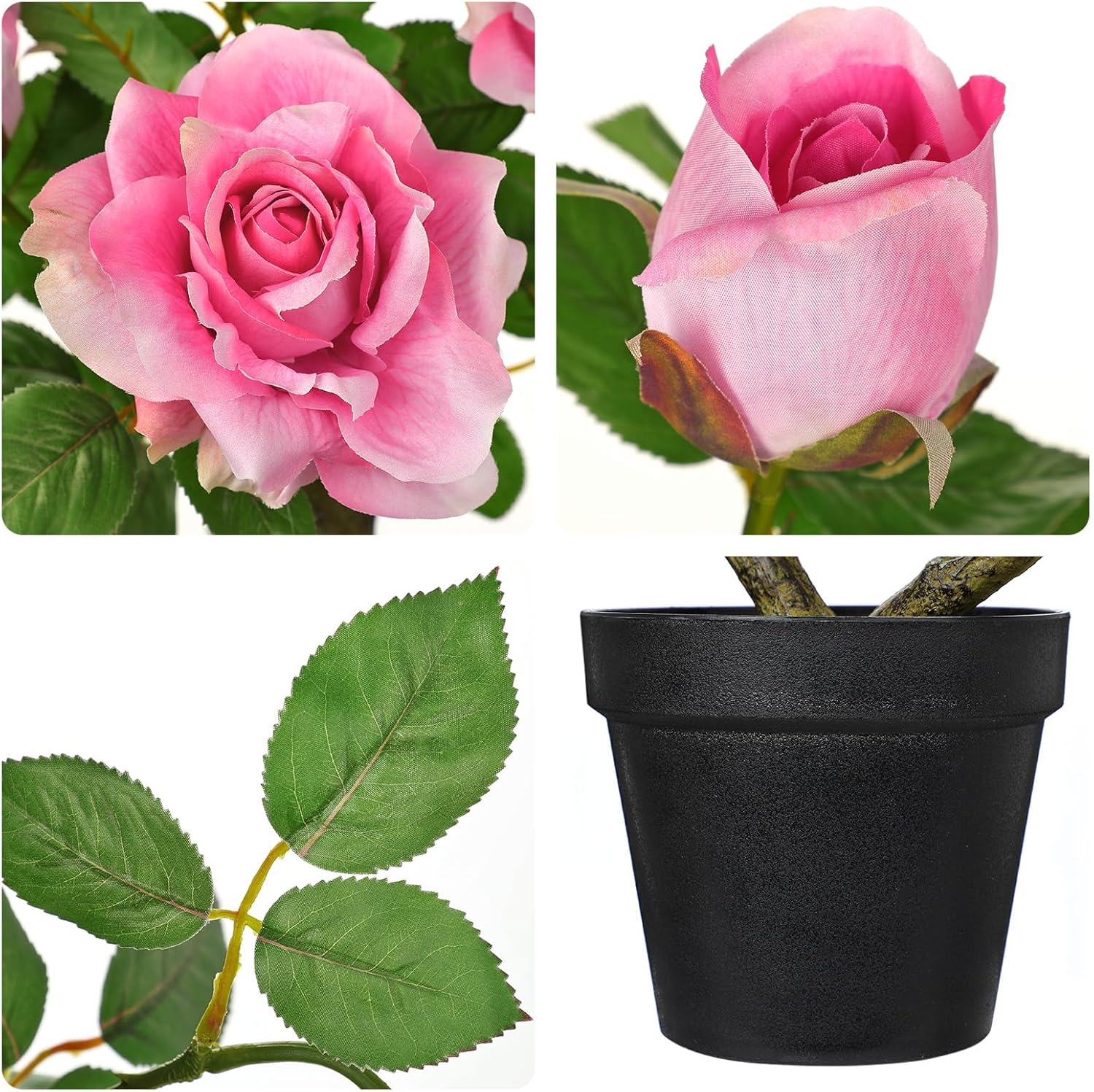 Artificial Rose Flowers Potted Plant - 17.7" Small Fake Pink Roses Tree with Black Pot Indoor Outdoor Faux Plants & Flowers Silk Rose Flower Floral Arrangement for Home Table Kitchen Office Decor